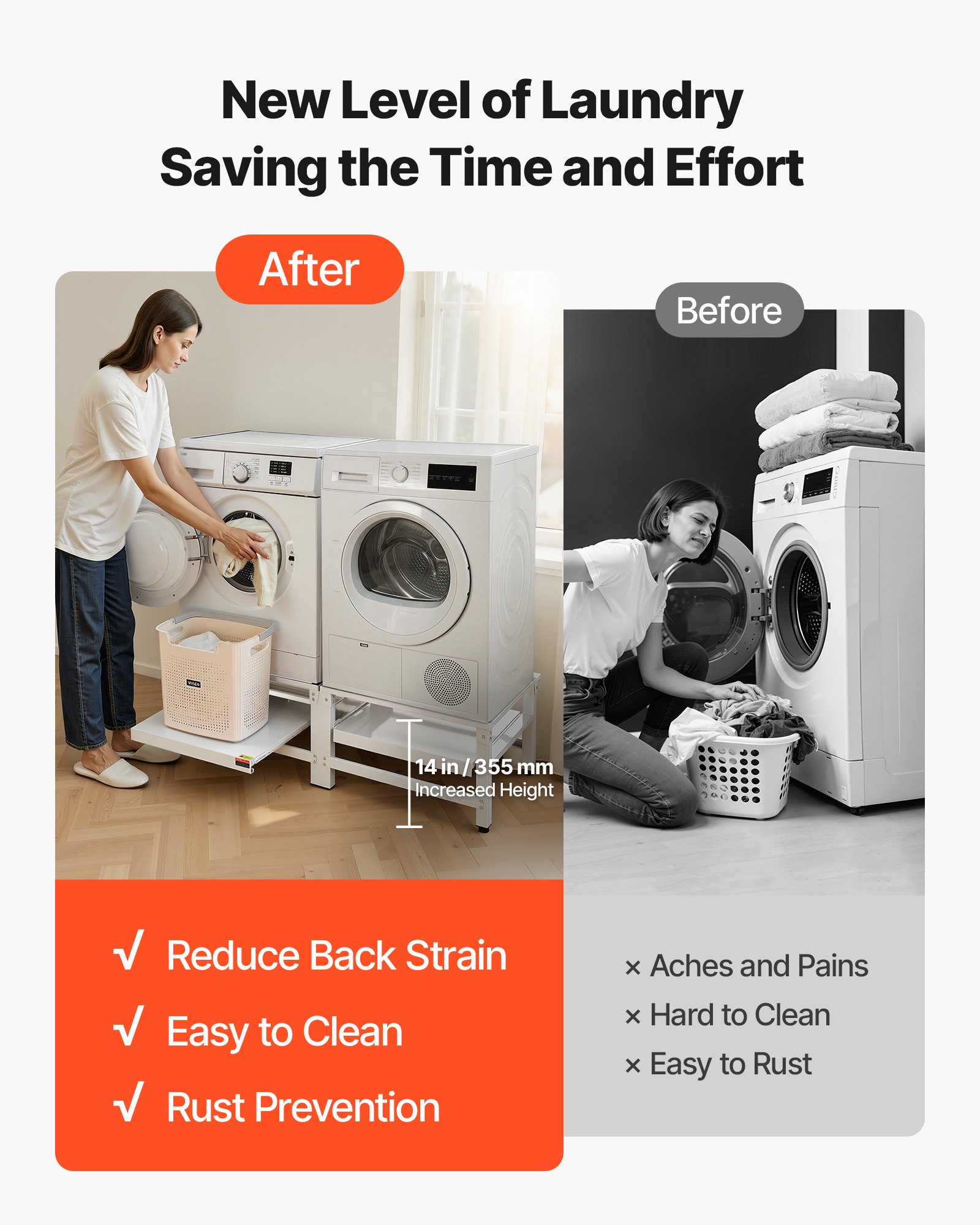 Podstawa pralki VEVOR o wysokości 355 mm, podwyższenie pod pralkę z wysuwaną półką, udźwig 318 kg, antypoślizgowe nóżki, podstawa suszarki, cokół, uniwersalna, kolor biały, 2 sztuki w opakowaniu