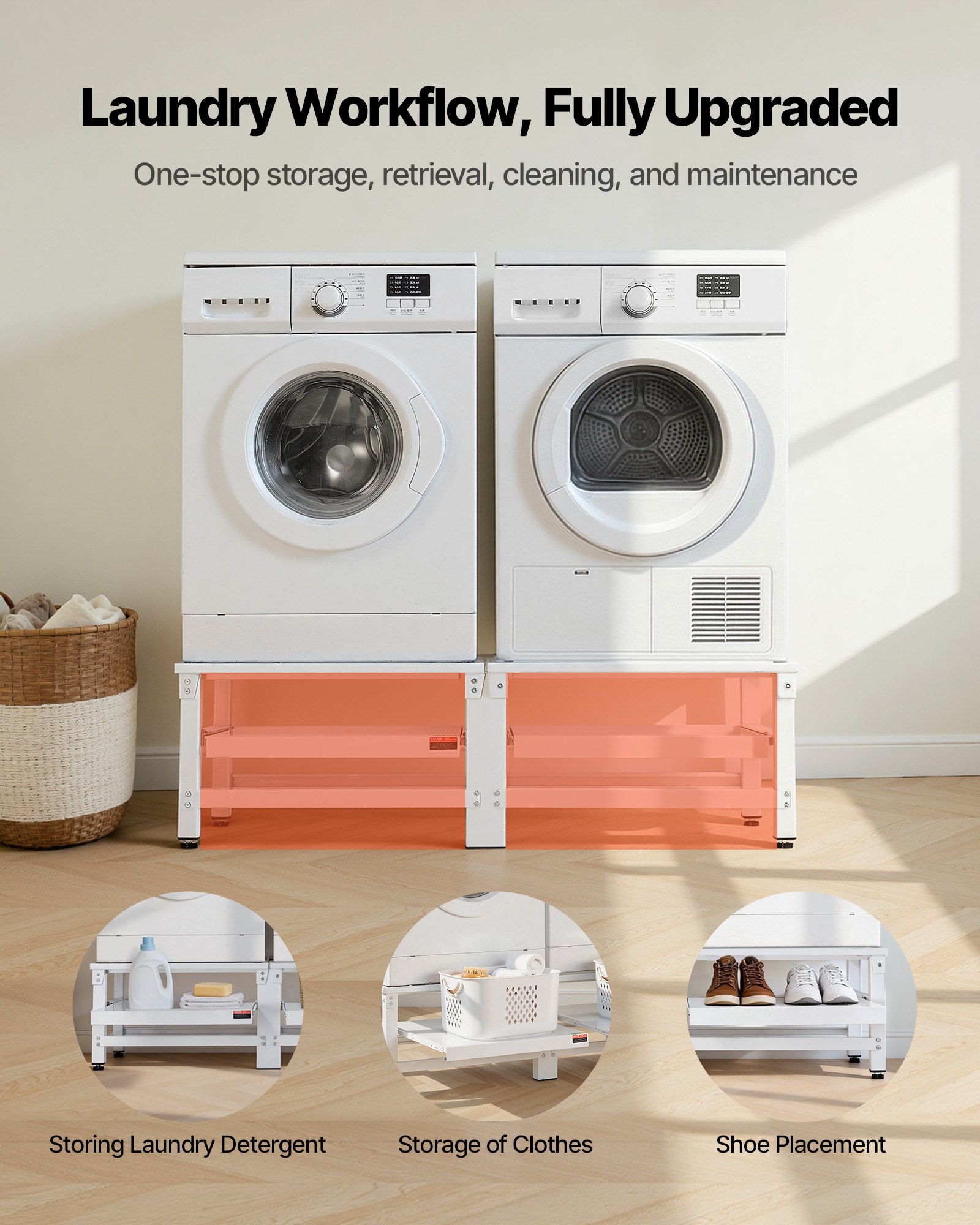 Podstawa pralki VEVOR o wysokości 355 mm, podwyższenie pod pralkę z wysuwaną półką, udźwig 318 kg, antypoślizgowe nóżki, podstawa suszarki, cokół, uniwersalna, kolor biały, 2 sztuki w opakowaniu