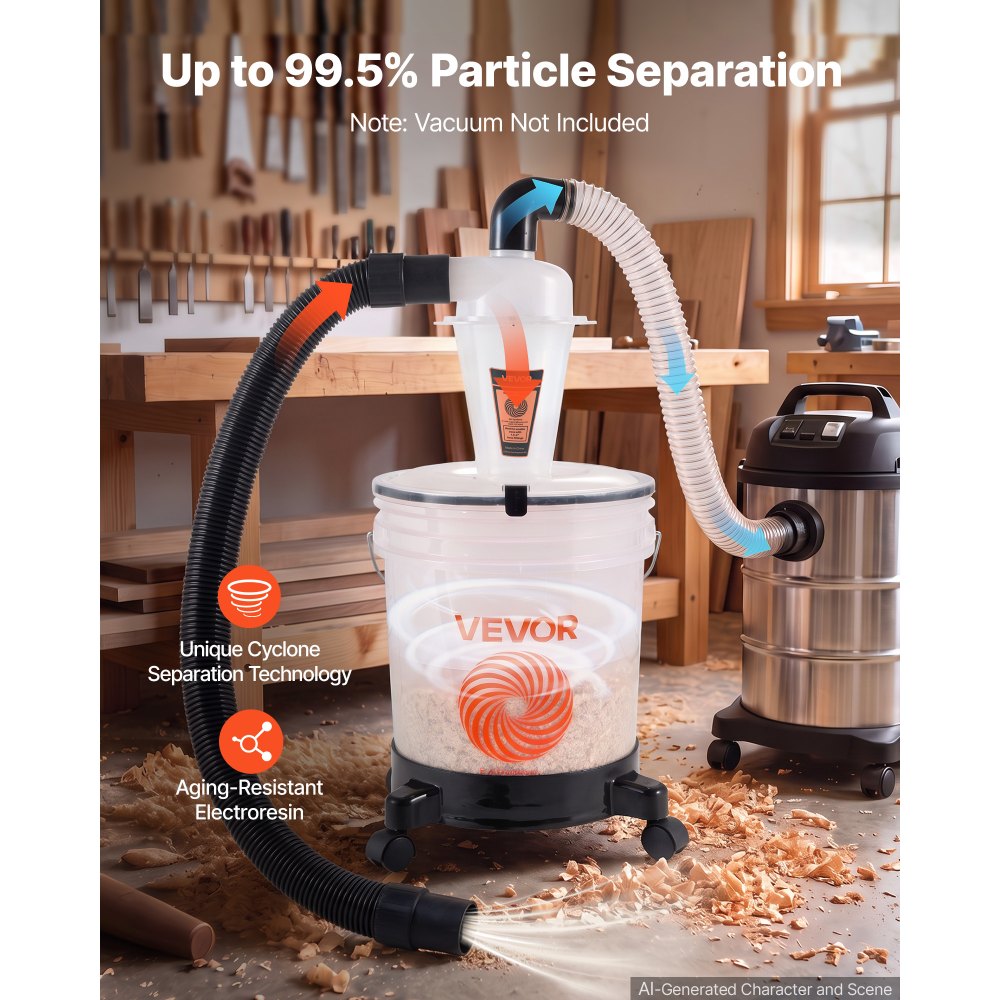 VEVOR Cyclone Dust Separator Kit, 19 L Bucket 50.8 mm O.D. Dust Collector, for Woodworking and Shop Wet/Dry Vacuums, with 90 cm PU Connection Hose, Elbow Adapter, Portable Casters, Translucent PP