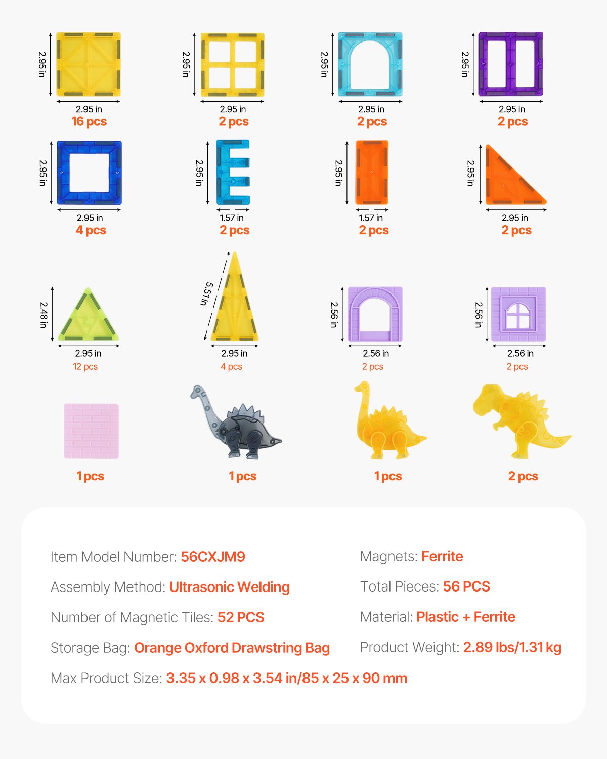 Magnetyczne klocki konstrukcyjne VEVOR, 56-elementowy zestaw magnetycznych zwierzątek, magnetyczna zabawka z 4 dinozaurami, sensoryczna zabawka edukacyjna STEM, zabawka konstrukcyjna do układania w stosy, prezent dla dzieci w wieku od 3 lat