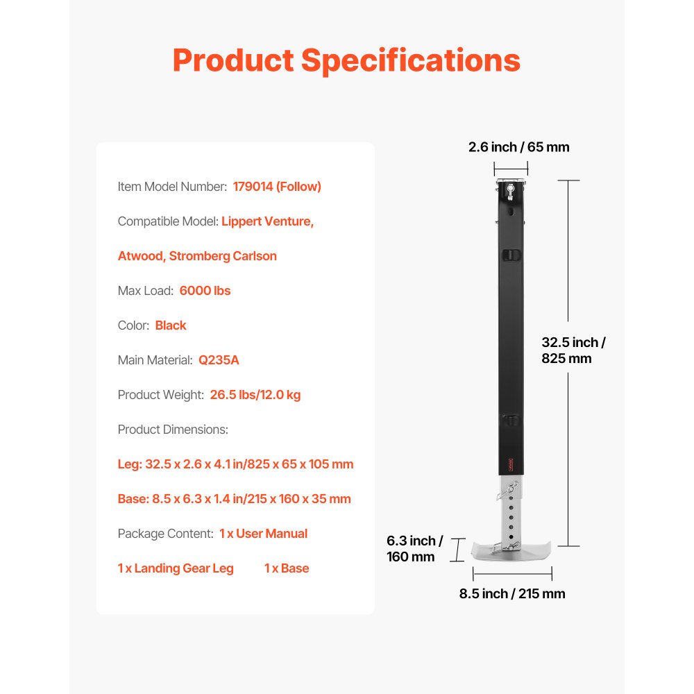 Podstawka pod siodło VEVOR RV Follow Fifth Wheel Landing Leg 179014, 825 mm, uniwersalna, zamienna, kompatybilna z systemami Lippert Venture Atwood Stromberg Carlson, z kołkiem i podstawą