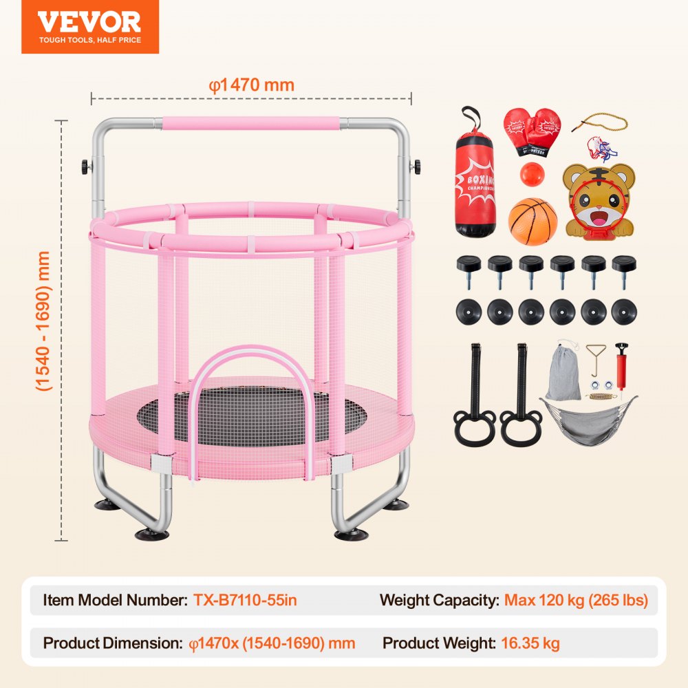 VEVOR Trampolina dziecięca Mini trampolina rekreacyjna 147 cm dla maluchów Regulowana z siatką zabezpieczającą i koszem do koszykówki, prezent urodzinowy, zabawka świąteczna dla dzieci od 3 lat, różowa