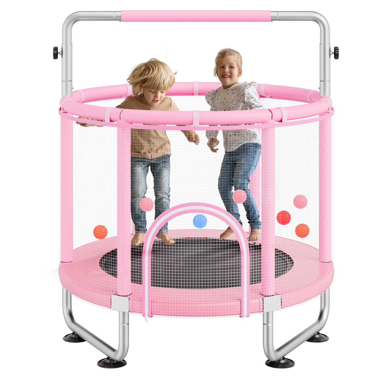 VEVOR Trampolina dziecięca Mini trampolina rekreacyjna 147 cm dla maluchów Regulowana z siatką zabezpieczającą i koszem do koszykówki, prezent urodzinowy, zabawka świąteczna dla dzieci od 3 lat, różowa