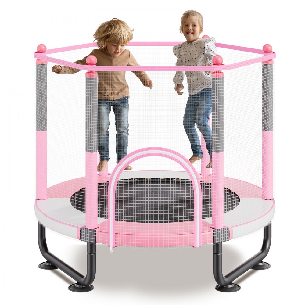 VEVOR Trampolina dziecięca do użytku na zewnątrz, mini trampolina rekreacyjna, 1545 mm, dla maluchów, z siatką zabezpieczającą i koszem do koszykówki, prezent urodzinowy, zabawka świąteczna dla dzieci od 3 lat, różowa