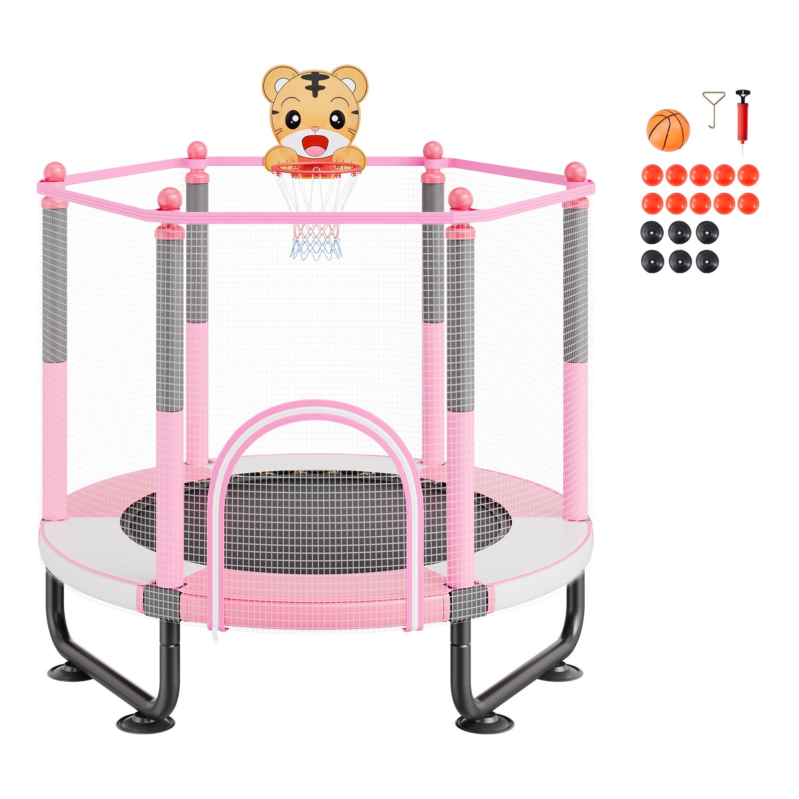 VEVOR Trampolina dziecięca do użytku na zewnątrz, mini trampolina rekreacyjna, 1545 mm, dla maluchów, z siatką zabezpieczającą i koszem do koszykówki, prezent urodzinowy, zabawka świąteczna dla dzieci od 3 lat, różowa
