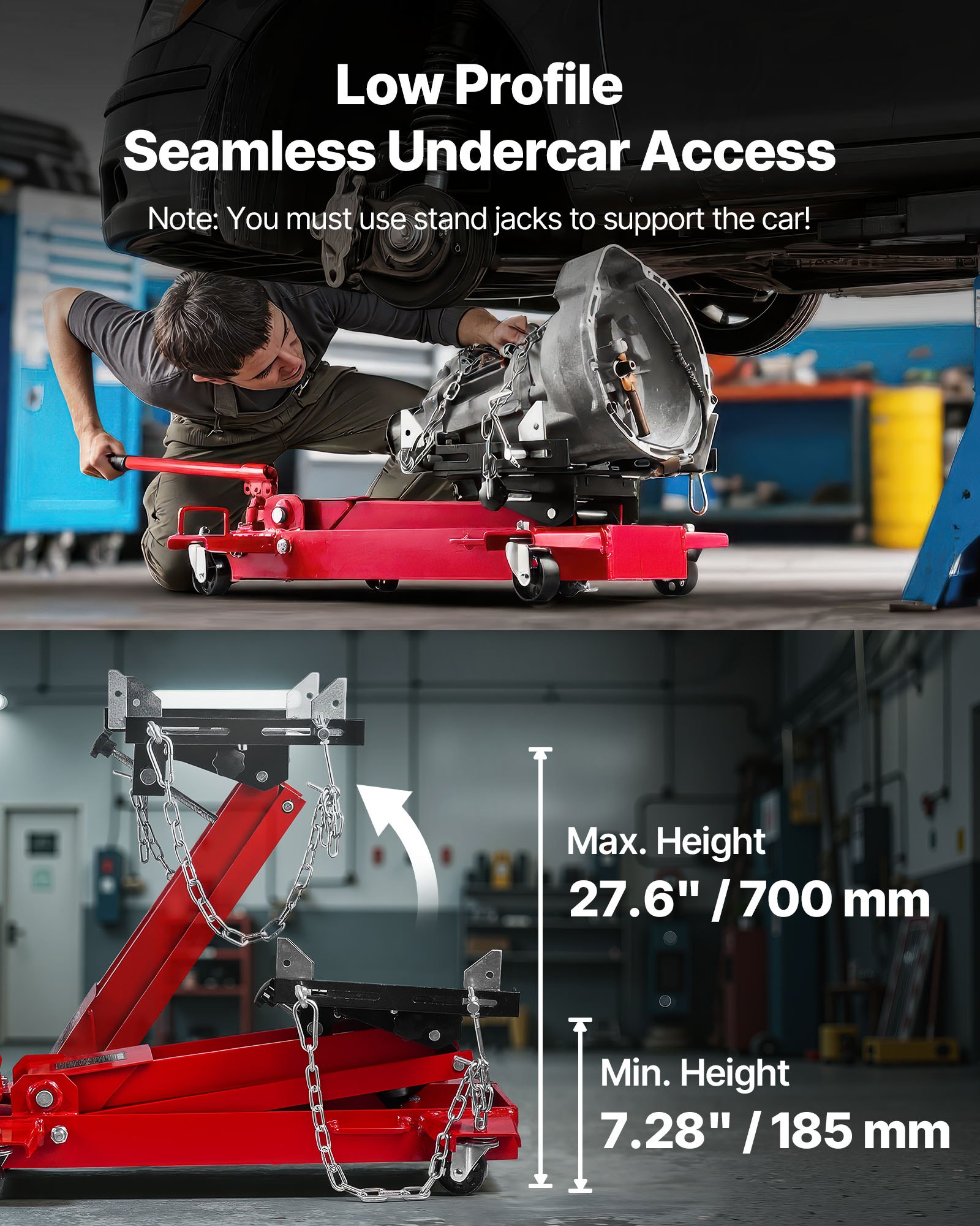 Podnośnik samochodowy VEVOR 1T o niskim profilu, hydrauliczny podnośnik wózkowy z wysokością podnoszenia 18,5-70 cm i elastycznymi kołami obrotowymi 360°, wytrzymała platforma podnosząca do garażu/warsztatu, kolor czerwony