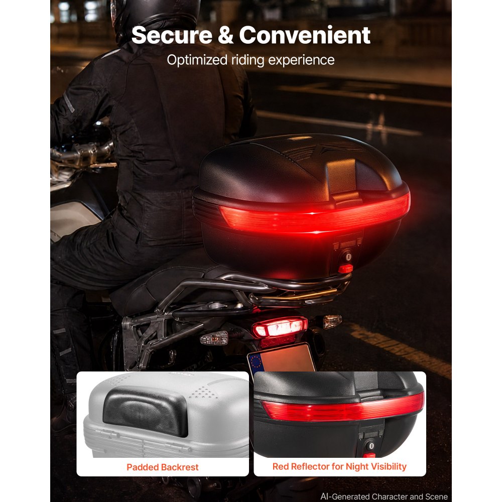VEVOR Motocyklowy kufer centralny 30L wykonany z PP, uniwersalny, zamykany na klucz, czarny, ergonomiczne oparcie dla większego komfortu, z czerwonym odblaskiem, zamkiem, 2 kluczami, IPX4 odporny na zachlapanie