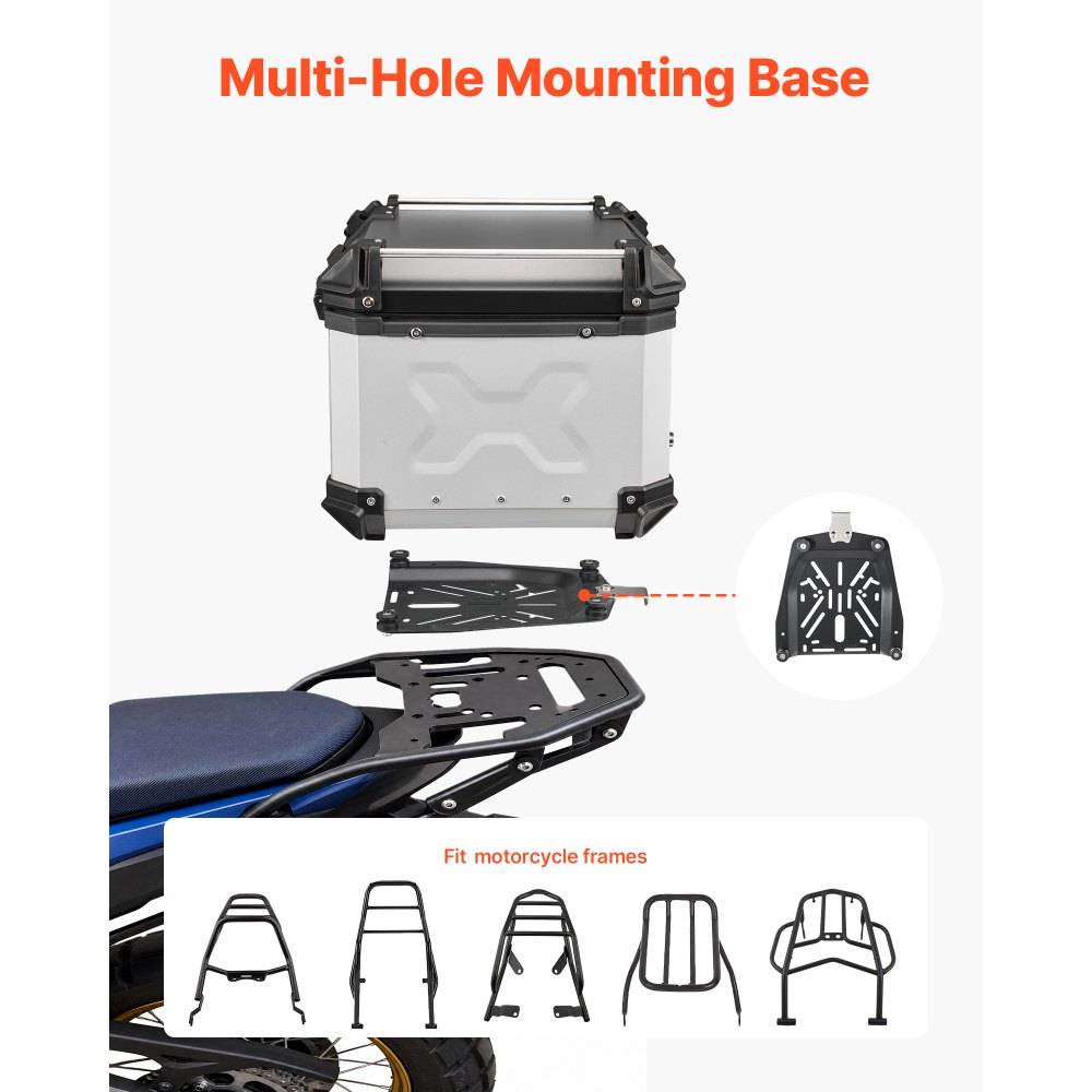Kufer motocyklowy VEVOR Topcase 55 l, uniwersalny aluminiowy, wodoodporny, na kask, odpinany, z blokadą bezpieczeństwa, odblaskowymi paskami, twardą skorupą i skórzaną wyściółką do przechowywania kasku