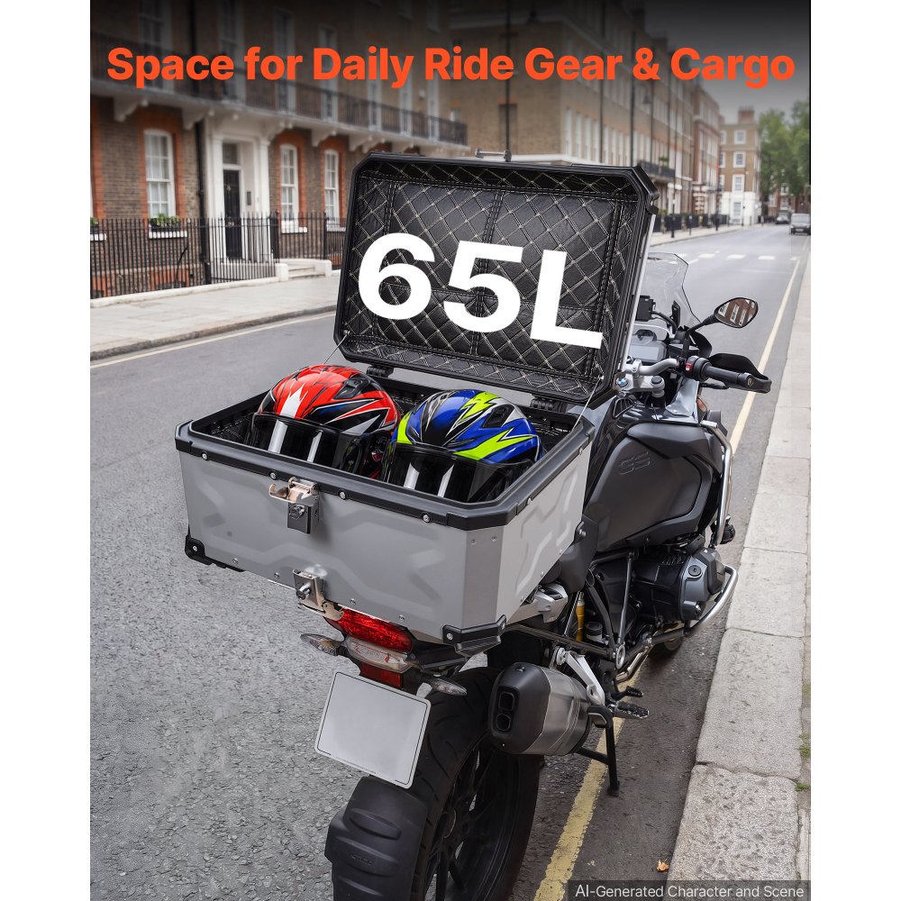 Kufer motocyklowy VEVOR Topcase 65 L, uniwersalny aluminiowy kufer tylny, wodoodporny, na kask, odpinany, z blokadą bezpieczeństwa, odblaskowymi paskami i skórzaną wyściółką do przechowywania kasku