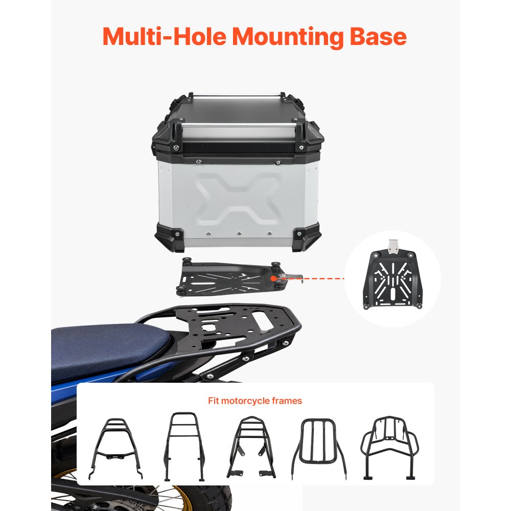Kufer motocyklowy VEVOR Topcase 65 L, uniwersalny aluminiowy kufer tylny, wodoodporny, na kask, odpinany, z blokadą bezpieczeństwa, odblaskowymi paskami i skórzaną wyściółką do przechowywania kasku