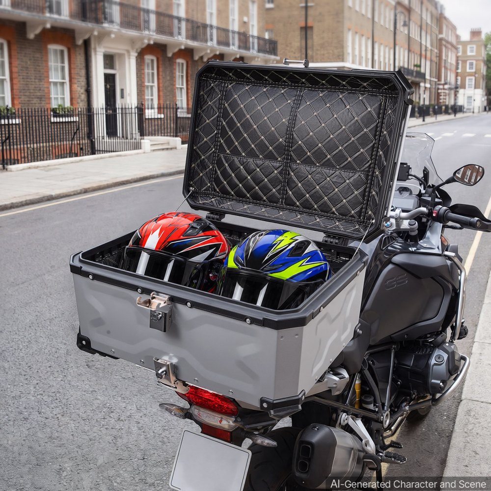 Kufer motocyklowy VEVOR Topcase 65 L, uniwersalny aluminiowy kufer tylny, wodoodporny, na kask, odpinany, z blokadą bezpieczeństwa, odblaskowymi paskami i skórzaną wyściółką do przechowywania kasku