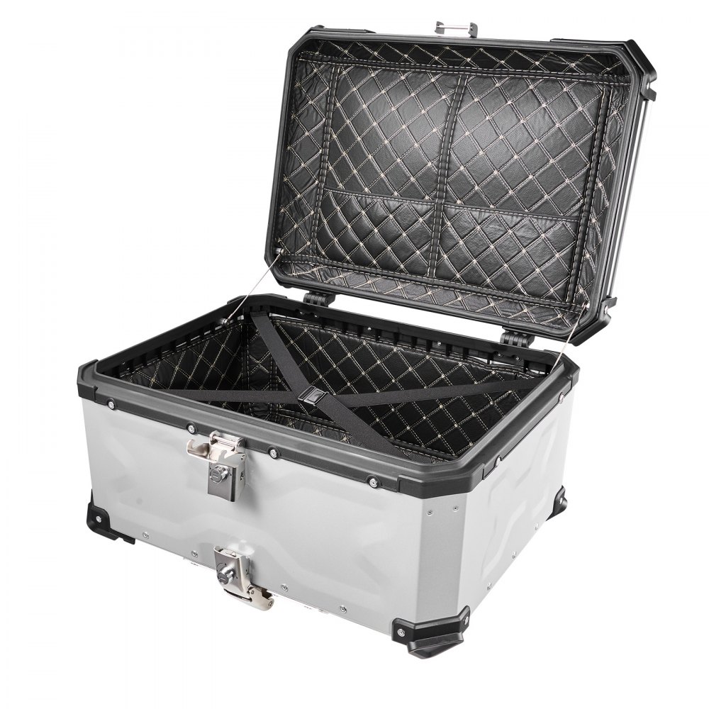 Kufer motocyklowy VEVOR Topcase 65 L, uniwersalny aluminiowy kufer tylny, wodoodporny, na kask, odpinany, z blokadą bezpieczeństwa, odblaskowymi paskami i skórzaną wyściółką do przechowywania kasku