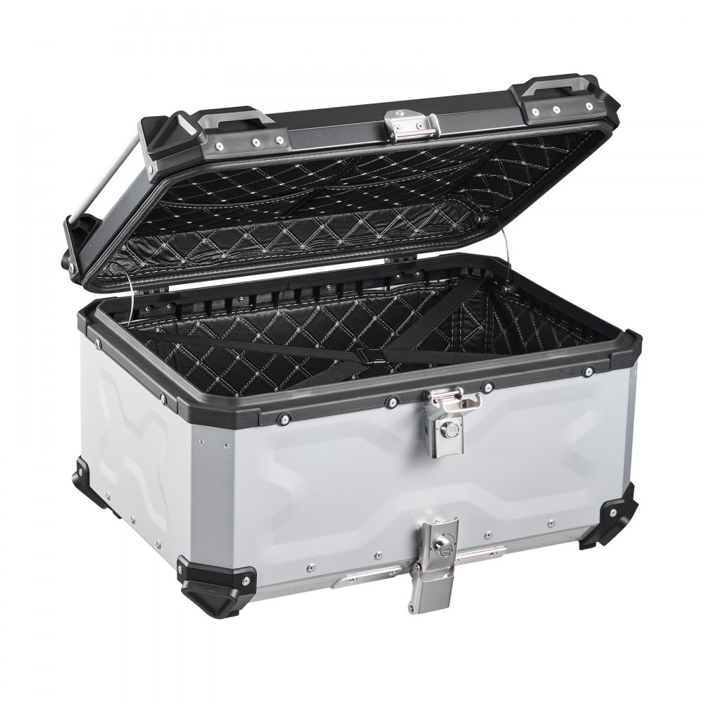 Kufer motocyklowy VEVOR Topcase 65 L, uniwersalny aluminiowy kufer tylny, wodoodporny, na kask, odpinany, z blokadą bezpieczeństwa, odblaskowymi paskami i skórzaną wyściółką do przechowywania kasku