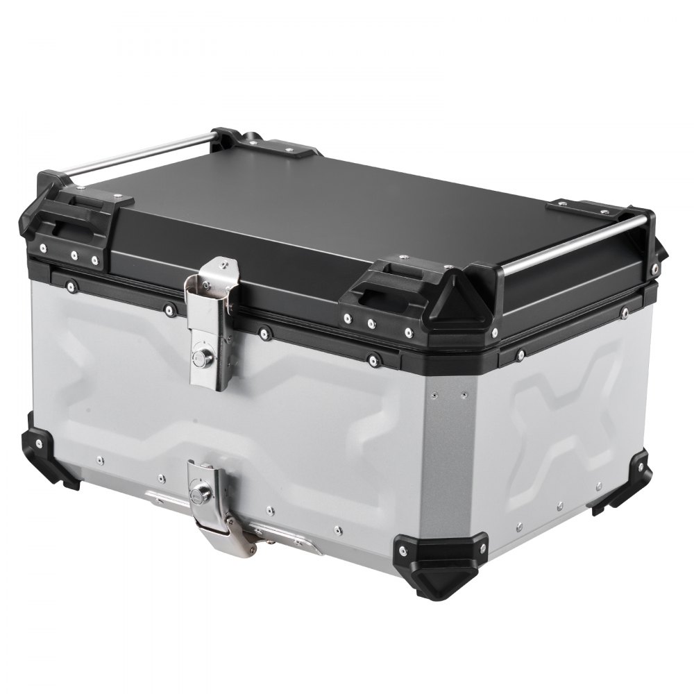Kufer motocyklowy VEVOR Topcase 65 L, uniwersalny aluminiowy kufer tylny, wodoodporny, na kask, odpinany, z blokadą bezpieczeństwa, odblaskowymi paskami i skórzaną wyściółką do przechowywania kasku