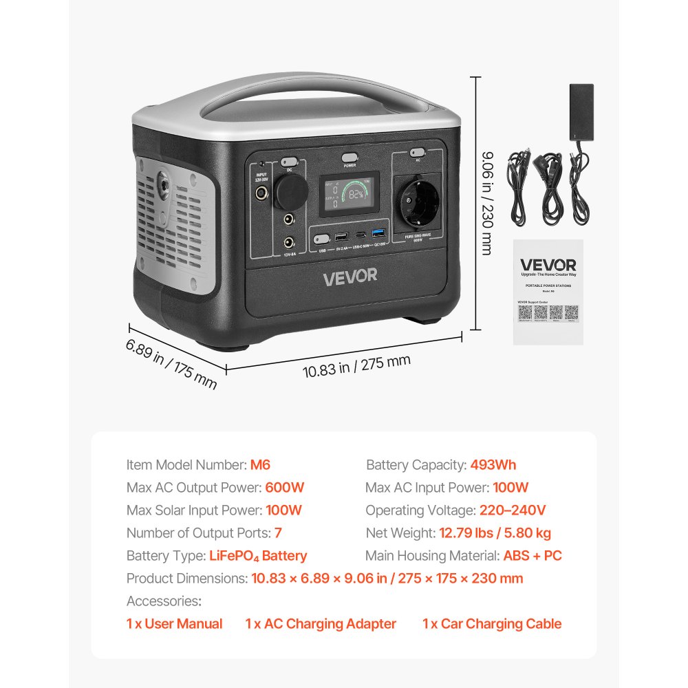VEVOR Portable Power Station, 600W Solar Generator Power Station, 493Wh LiFePO4 Battery Backup with 7 Output Ports for Home Emergency, Outdoor Camping, RV Travel (Solar Panel NOT Included)