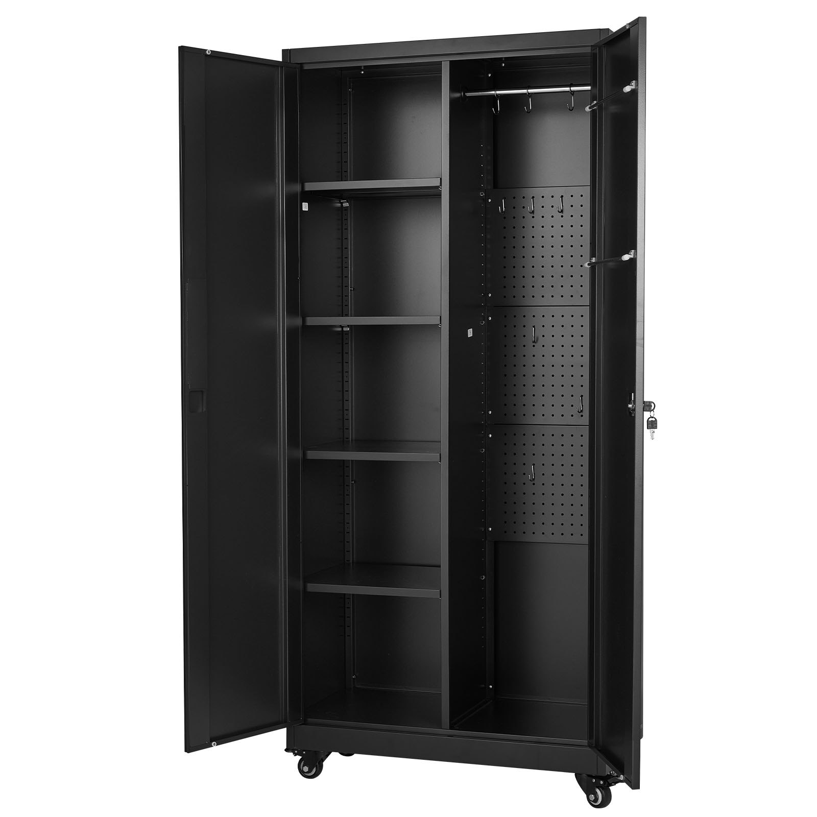 VEVOR Metalowa szafka do przechowywania, 5 poziomów, przesuwna szafka garażowa z regulowanymi półkami, 2 drzwiami magnetycznymi, drążkiem na ubrania i haczykami, odpowiednia do spiżarni, magazynu i piwnicy