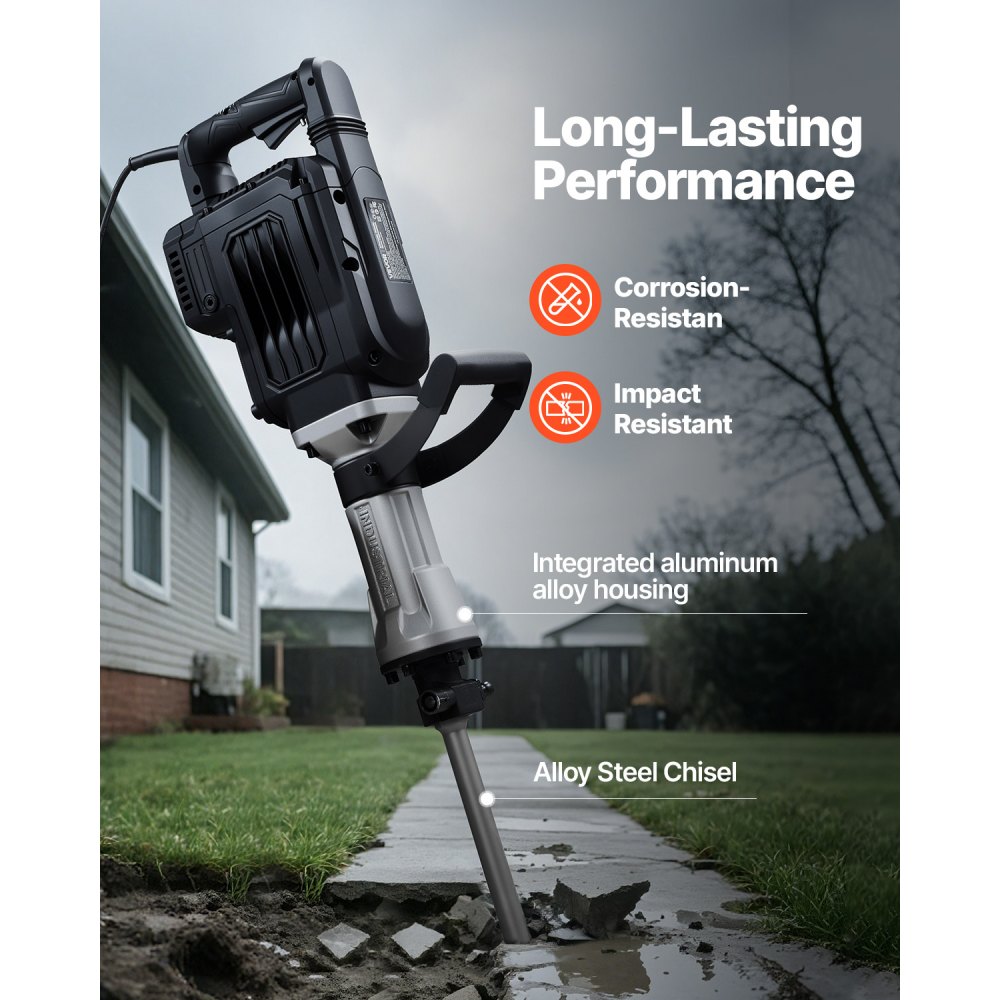 Młot udarowy VEVOR 3000 W, elektryczny młot do betonu, 1700 uderzeń na minutę, z dłutem spiczastym, torbą transportową, rękawicami i okularami ochronnymi, do ścian betonowych, cegieł, płytek, fundamentów, czarny