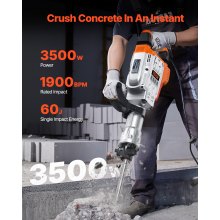 VEVOR wysokowydajny elektryczny młot wyburzeniowy do betonu 3500W 60J 2 zestaw dłut
