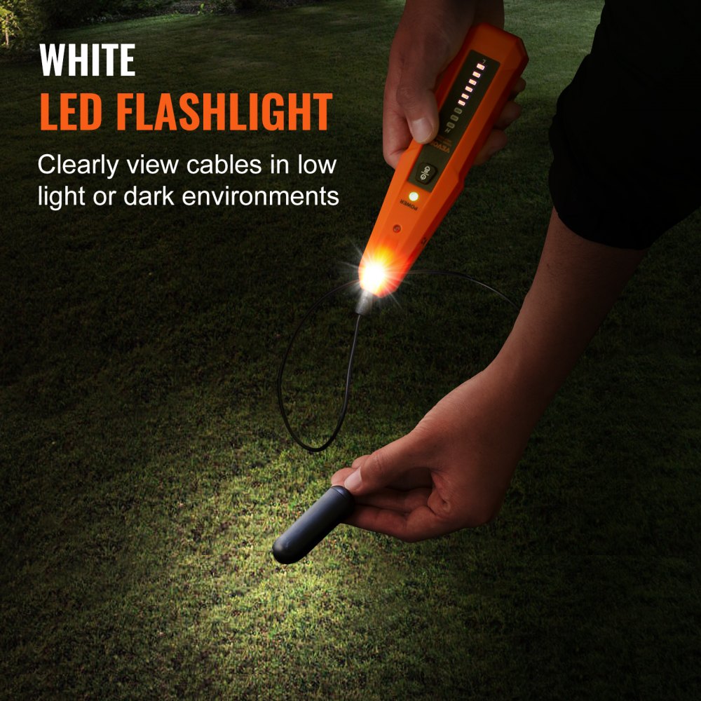 Tester kabli sieciowych VEVOR, maks. głębokość detekcji 0,9 m, wykrywacz zerwanych kabli Cable Finder ze słuchawkami, maks. długość detekcji 304,8 m, urządzenie do testowania kabli w ogrodzeniach dla zwierząt, zaworach zraszaczy do nawadniania