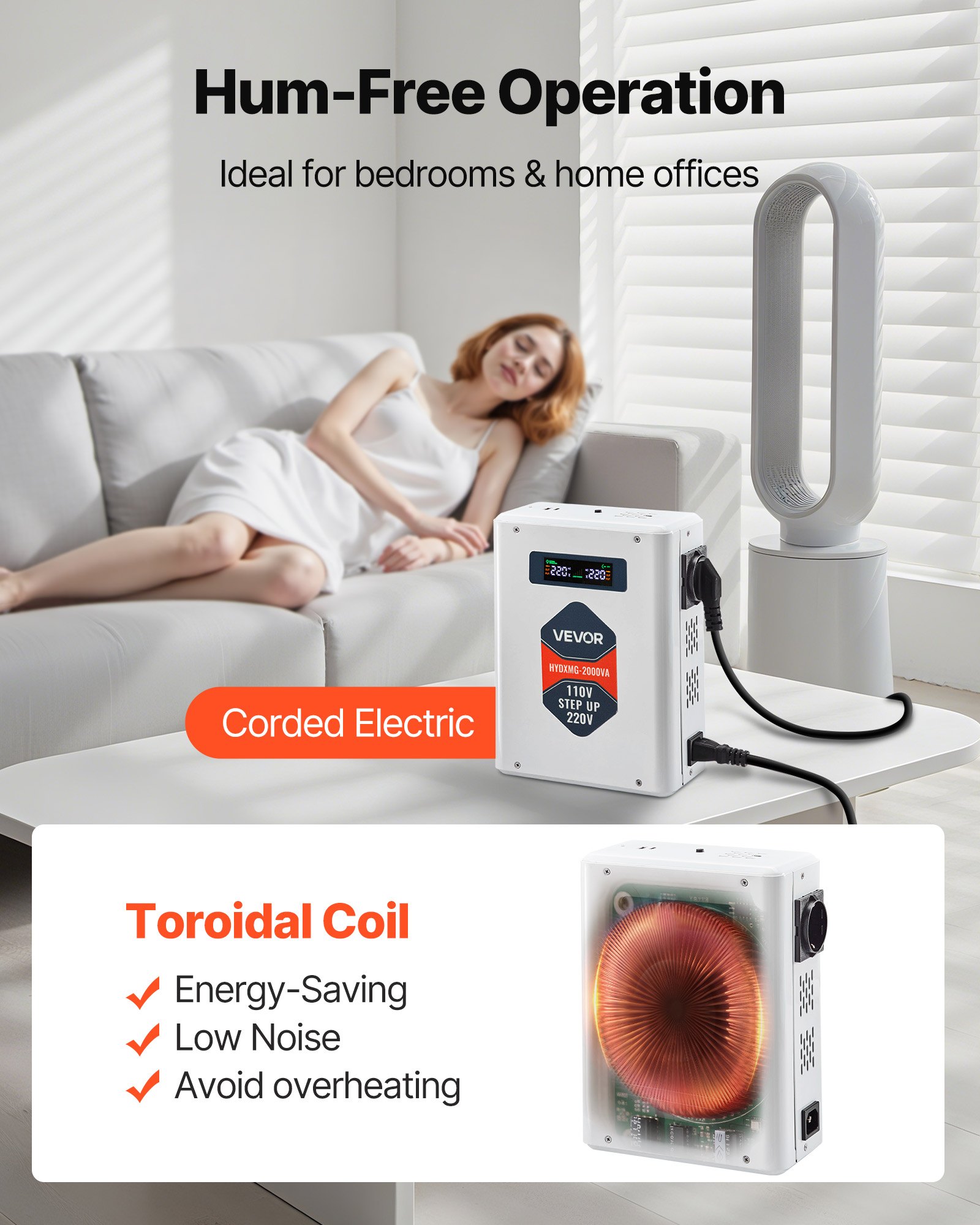 Przetwornica podwyższająca napięcie VEVOR 2000VA, wytrzymała przetwornica podwyższająca napięcie, transformator mocy 110 V na 220 V, z 2 gniazdami EU, wyjściem USB, wyświetlaczem LCD, zabezpieczeniem temperaturowym, do urządzeń 220 V