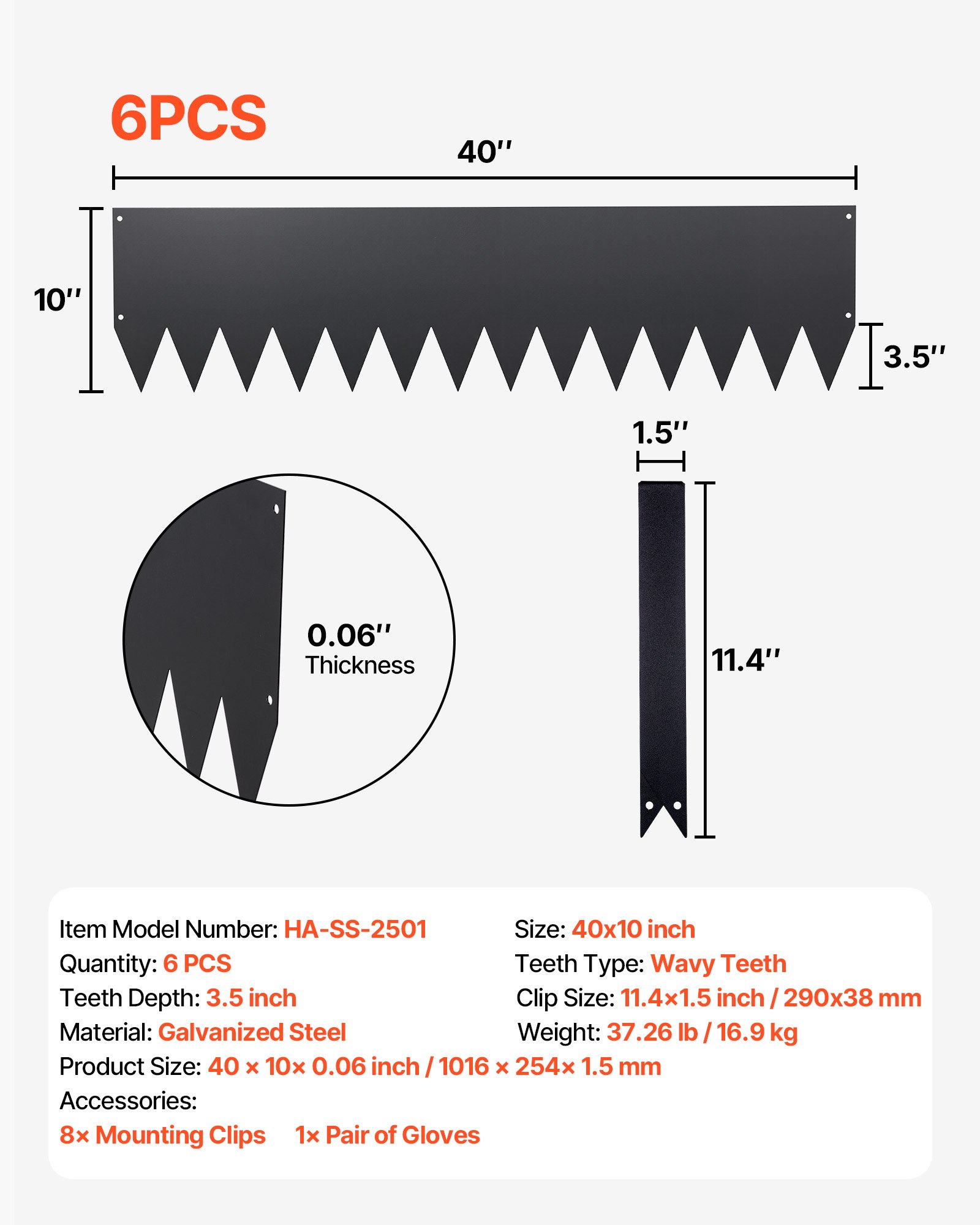 Obrzeże trawnikowe VEVOR, 6 szt., 1016 x 254 mm, ocynkowane, stalowe, w tym 8 klipsów mocujących, obrzeże rabatowe, arkusze trawnikowe, metalowa palisada do koszenia klombów i ścieżek ogrodowych, czarne