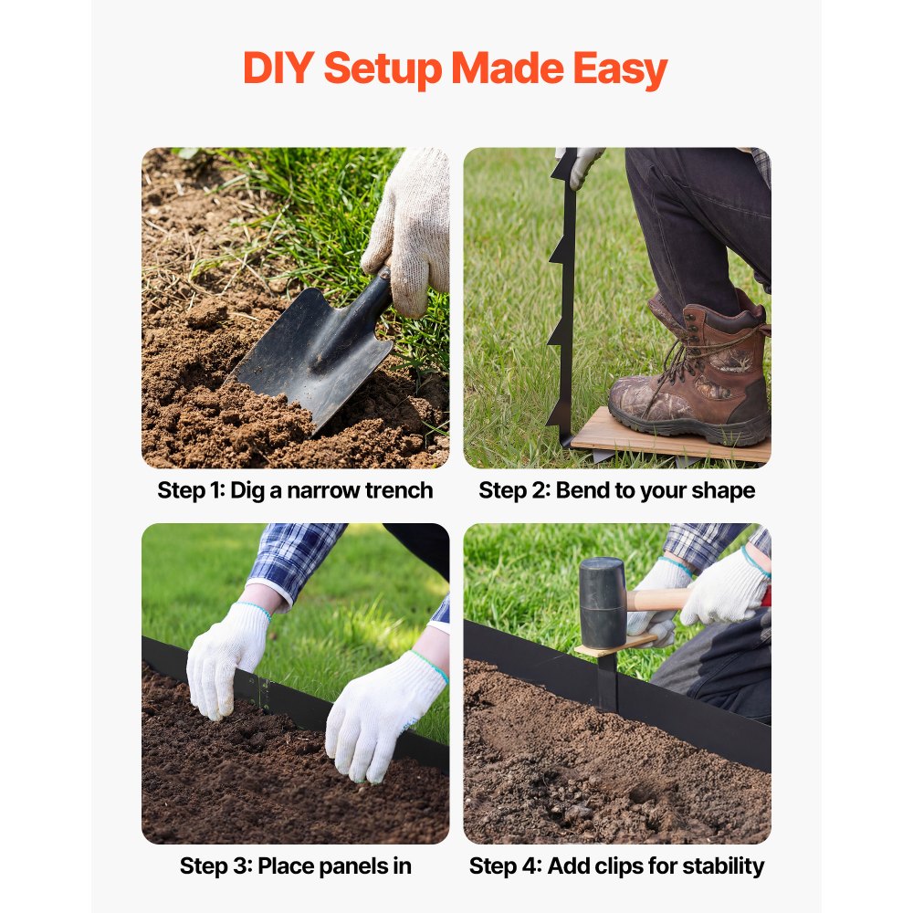 Obrzeże trawnikowe VEVOR, opakowanie 10 szt., 1016 x 114,3 mm, obrzeże rabatowe z 11 klipsami mocującymi, ocynkowana stalowa obwódka rabat, arkusze trawnikowe, obrzeże do koszenia, metalowa palisada do rabat kwiatowych i ścieżek ogrodowych, kolor czarny