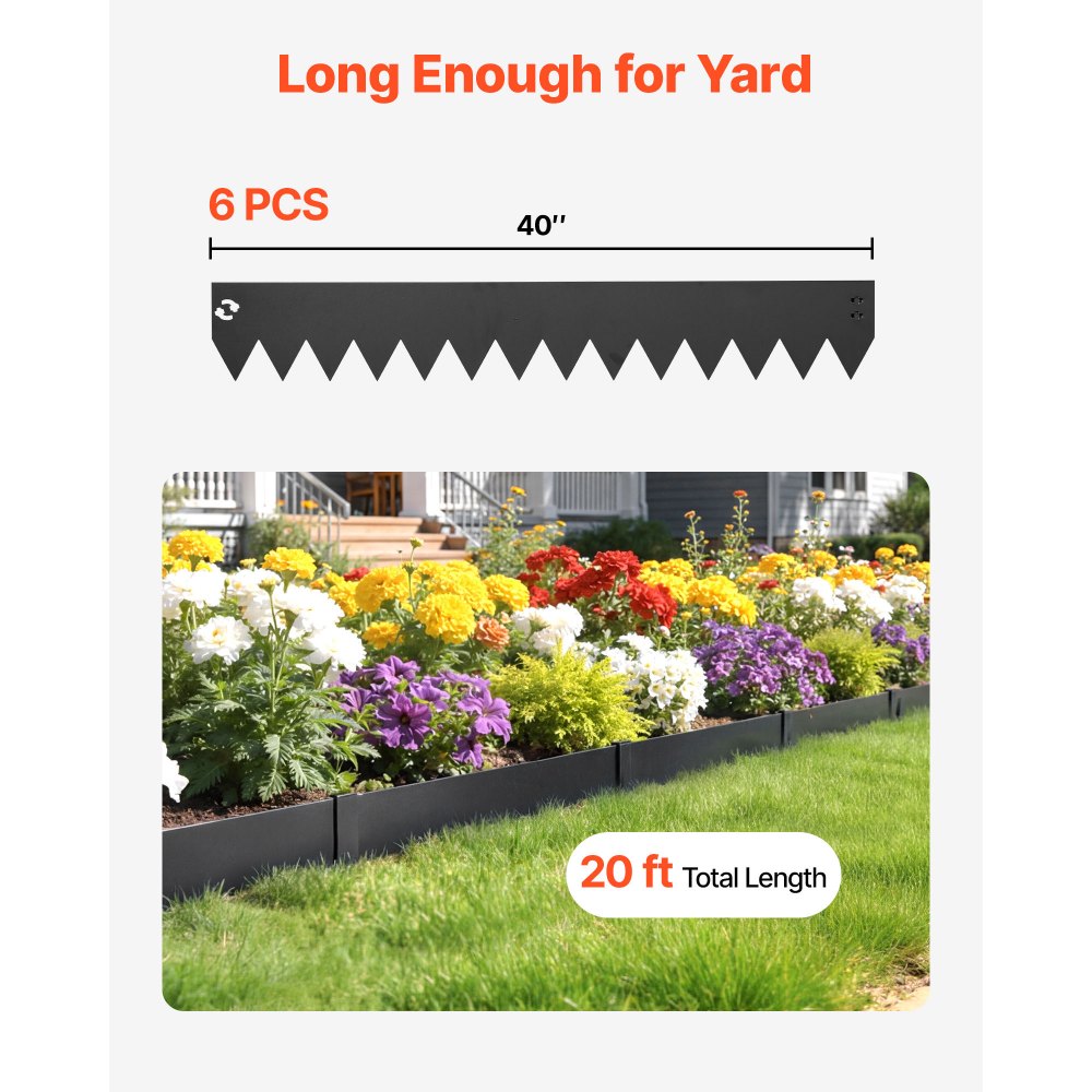 VEVOR Galvanized Steel Landscape Edging, 6-Pack 1016 x 152 mm Metal Edging for Landscaping with 6 Mounting Clips, Bendable Metal Garden Edge Border for Flower Bed, Yard Pathway, Black