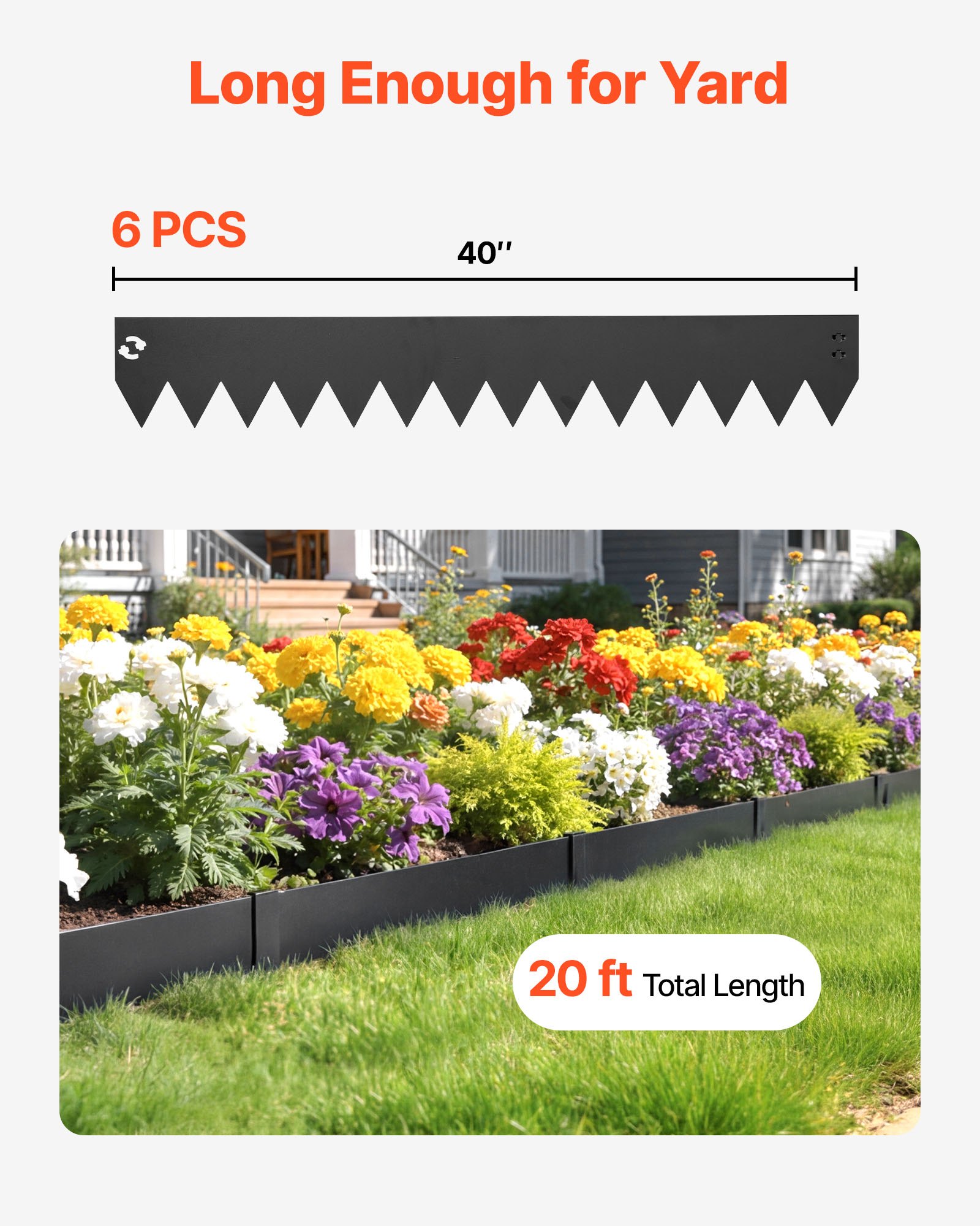 VEVOR Galvanized Steel Landscape Edging, 6-Pack 1016 x 152 mm Metal Edging for Landscaping with 6 Mounting Clips, Bendable Metal Garden Edge Border for Flower Bed, Yard Pathway, Black