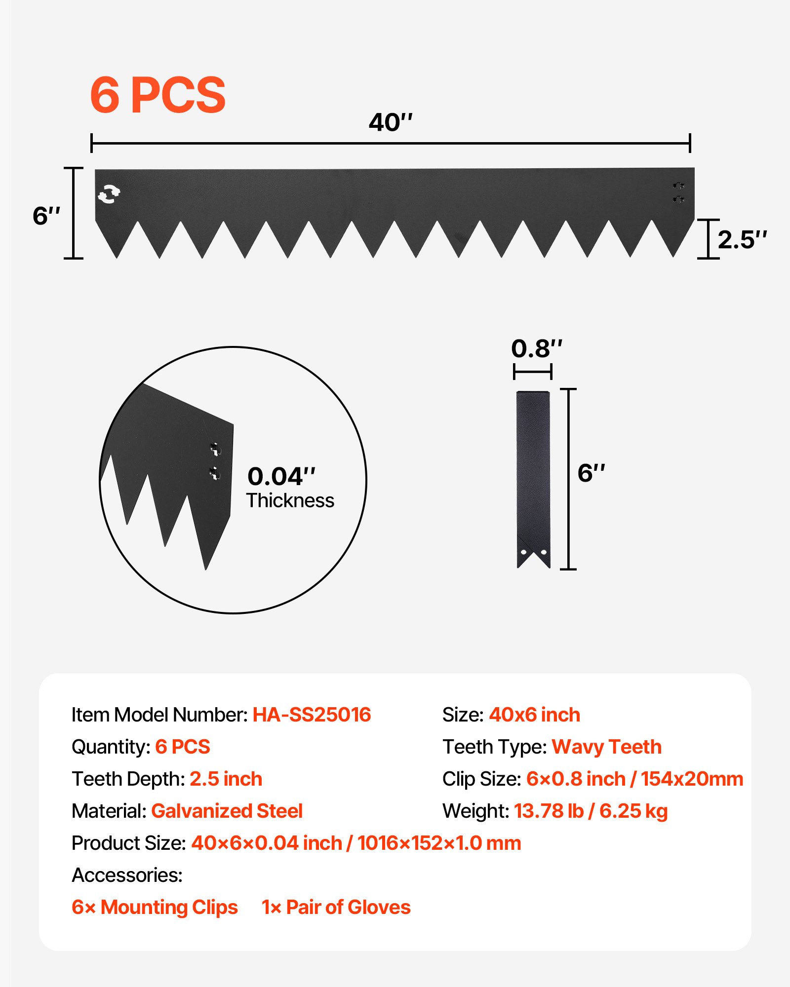 VEVOR Galvanized Steel Landscape Edging, 6-Pack 1016 x 152 mm Metal Edging for Landscaping with 6 Mounting Clips, Bendable Metal Garden Edge Border for Flower Bed, Yard Pathway, Black