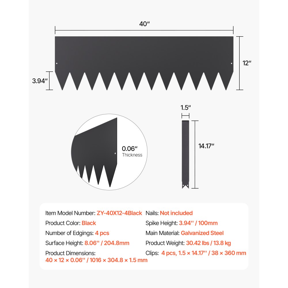 Obrzeże trawnikowe VEVOR, zestaw 4 szt., 1016 x 304,8 x 1,5 mm, metalowe, odporne na rdzę, obwódka rabat kwiatowych, obrzeże trawnikowe, łatwe w montażu, rozdzielacz do rabat kwiatowych, ścieżek ogrodowych, czarne
