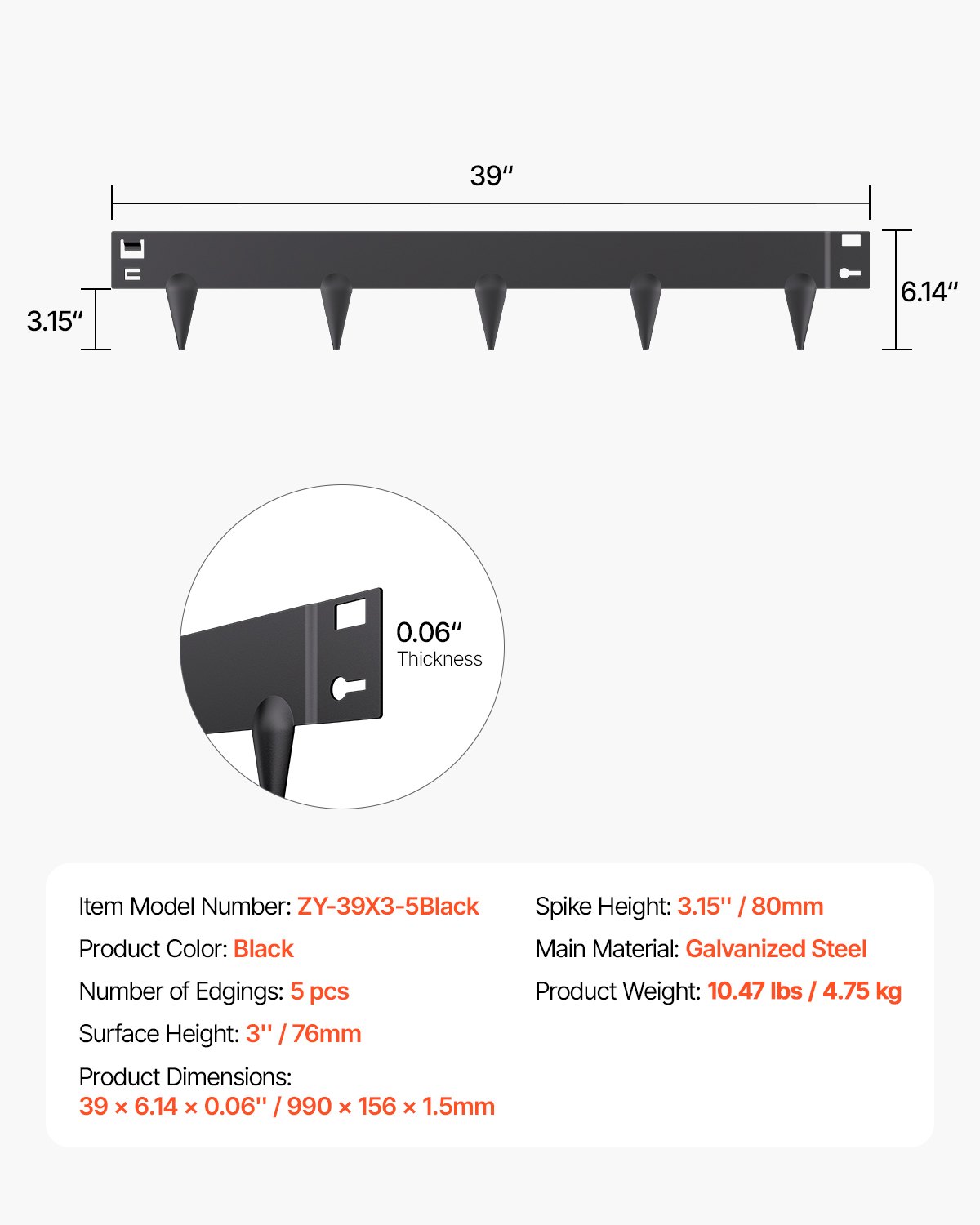 Obrzeże trawnikowe VEVOR, zestaw 5 szt., 990 x 156 x 1,5 mm, metalowe, odporne na rdzę, elastyczne obramowanie rabat, obrzeże trawnikowe, łatwe w montażu, rozdzielacz do klombów, ścieżek ogrodowych, czarne