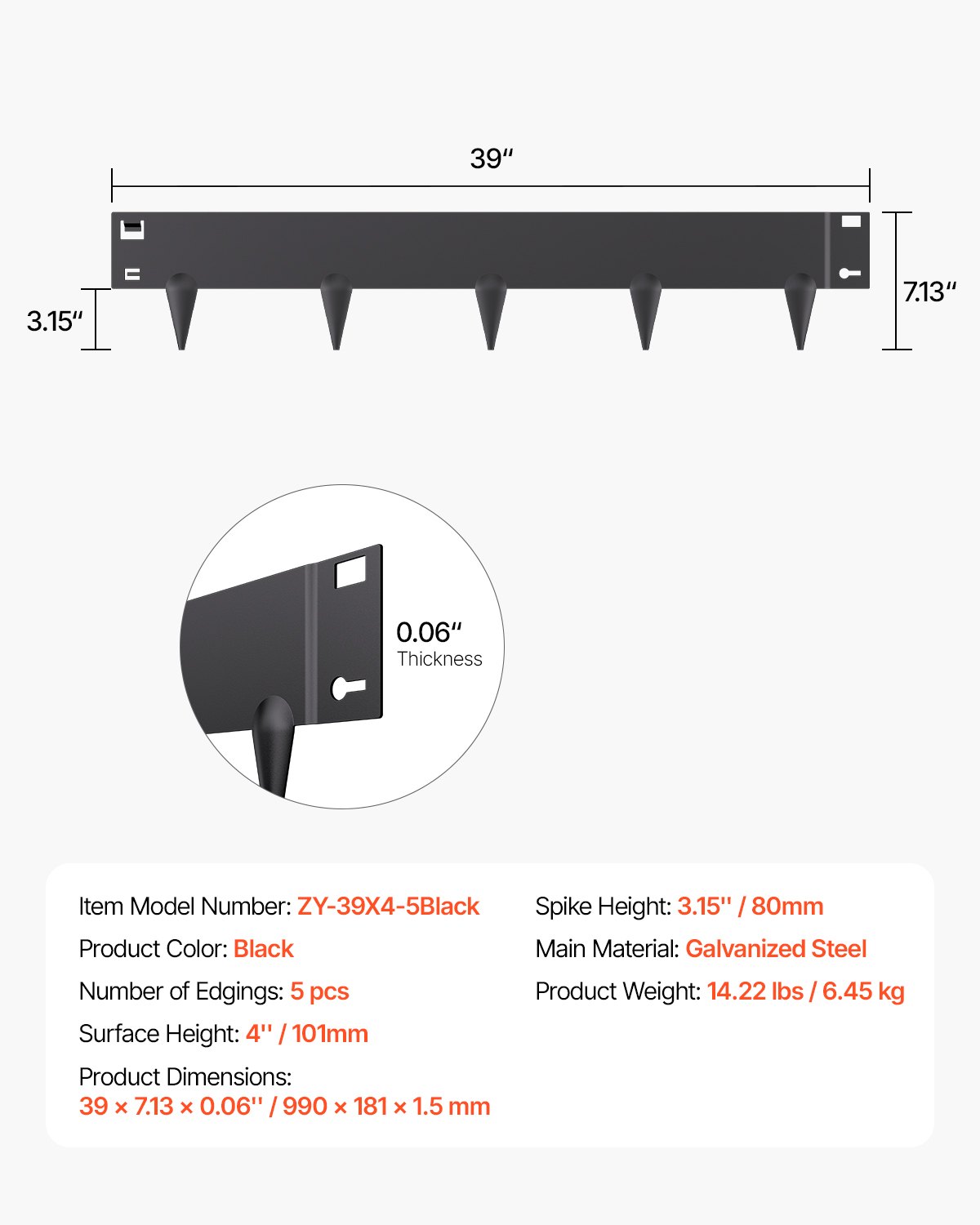 Obrzeże trawnikowe VEVOR, zestaw 5 szt., 990 x 181 x 1,5 mm, metalowe, odporne na rdzę, obwódka rabat kwiatowych, obrzeże trawnikowe, łatwe w montażu, rozdzielacz do rabat kwiatowych, ścieżki ogrodowe