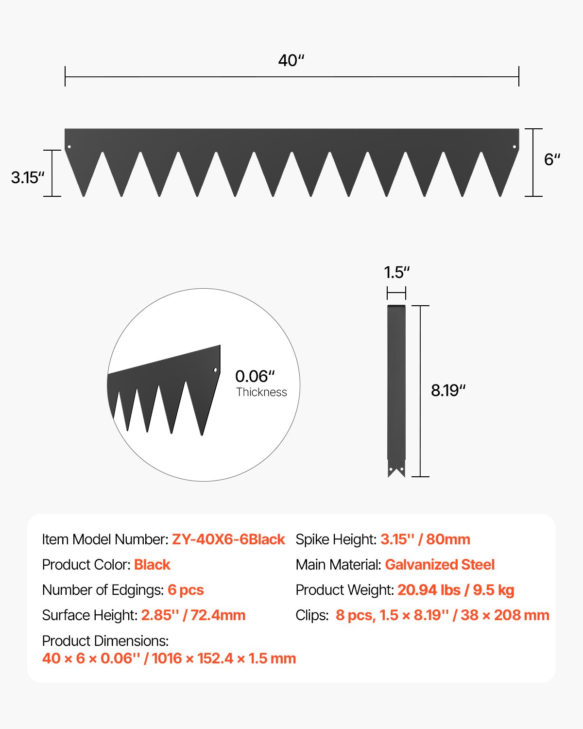 Obrzeże trawnikowe VEVOR, 6 szt., 1016 x 152,4 x 1,5 mm, metalowe obrzeże rabatowe, giętkie obrzeże ogrodowe, obramowanie rabat kwiatowych, łatwe w montażu, rozdzielacz do rabat kwiatowych, ścieżek ogrodowych, czarne