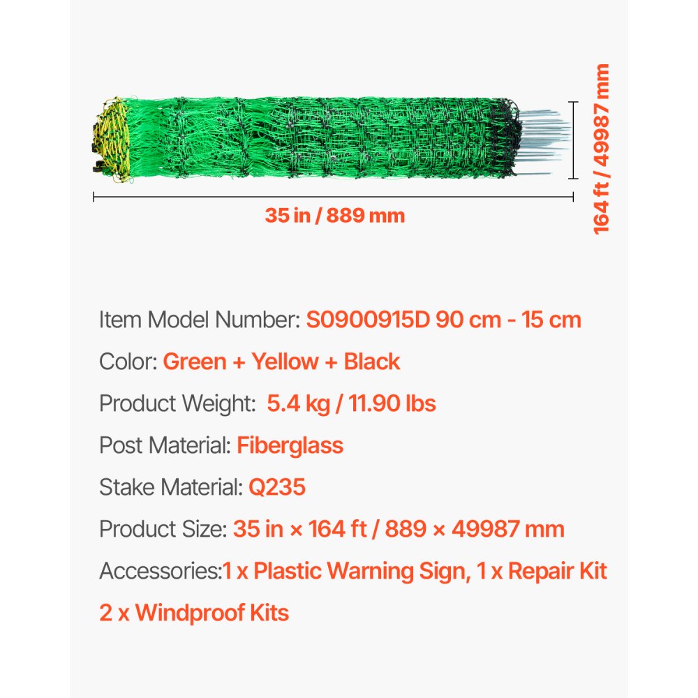 VEVOR electric fence net, 0.88 x 49.98 m, PE net fence with posts and double spikes, practical portable net for goats, sheep, lambs, deer, pigs, dogs, for use in backyards