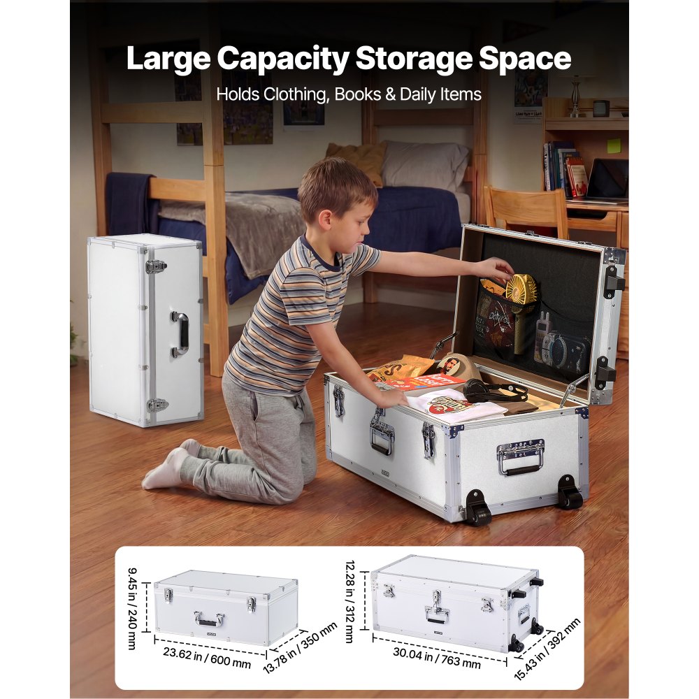 VEVOR Metal Storage Trunk, Set of 2, Wooden Suitcase Storage Boxes with Padlocks, Large Trunk Includes Casters and 3 Metal Handles, Decorative Store Chest with Lids for Travel, Apartment, Dorm, White