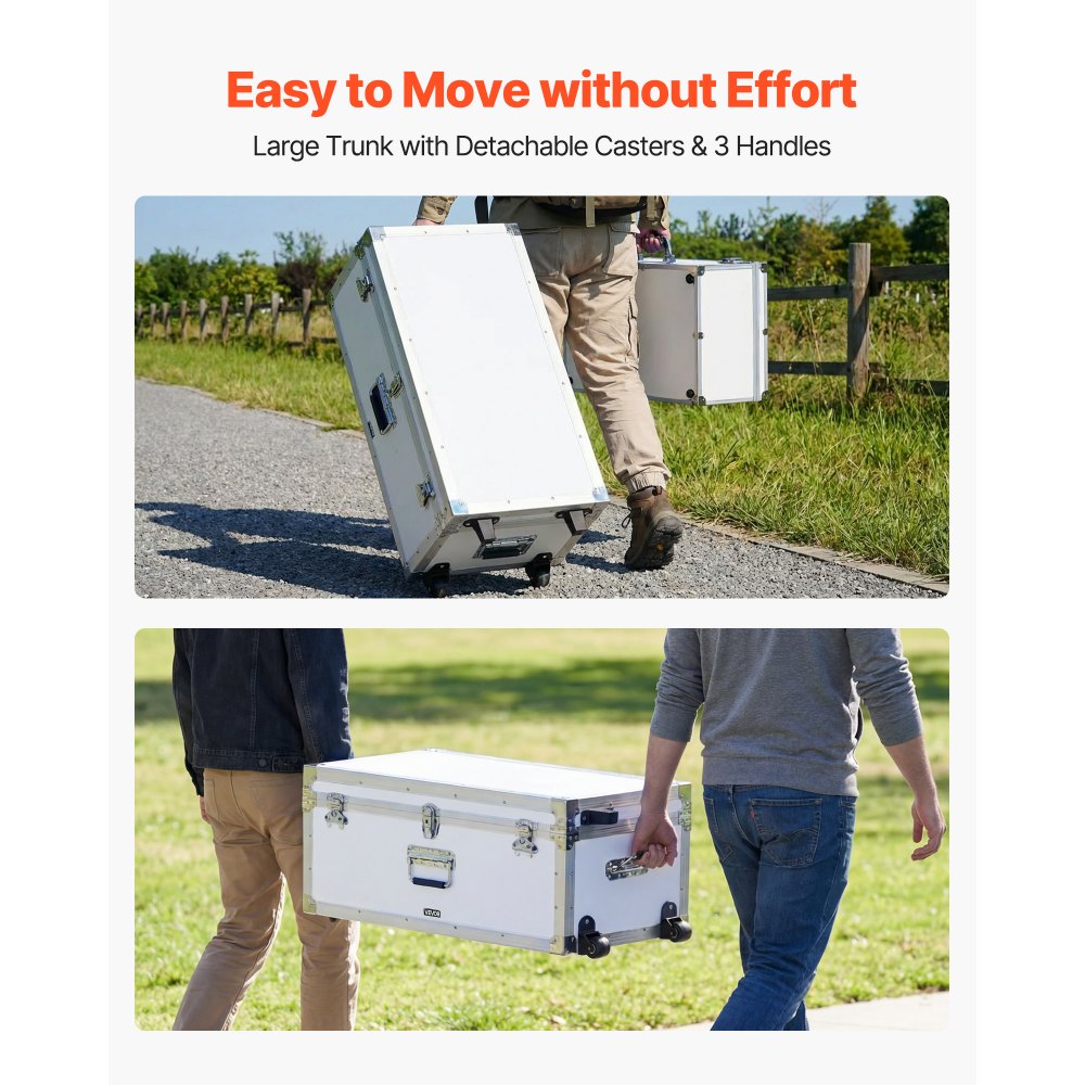 VEVOR Metal Storage Trunk, Set of 2, Wooden Suitcase Storage Boxes with Padlocks, Large Trunk Includes Casters and 3 Metal Handles, Decorative Store Chest with Lids for Travel, Apartment, Dorm, White