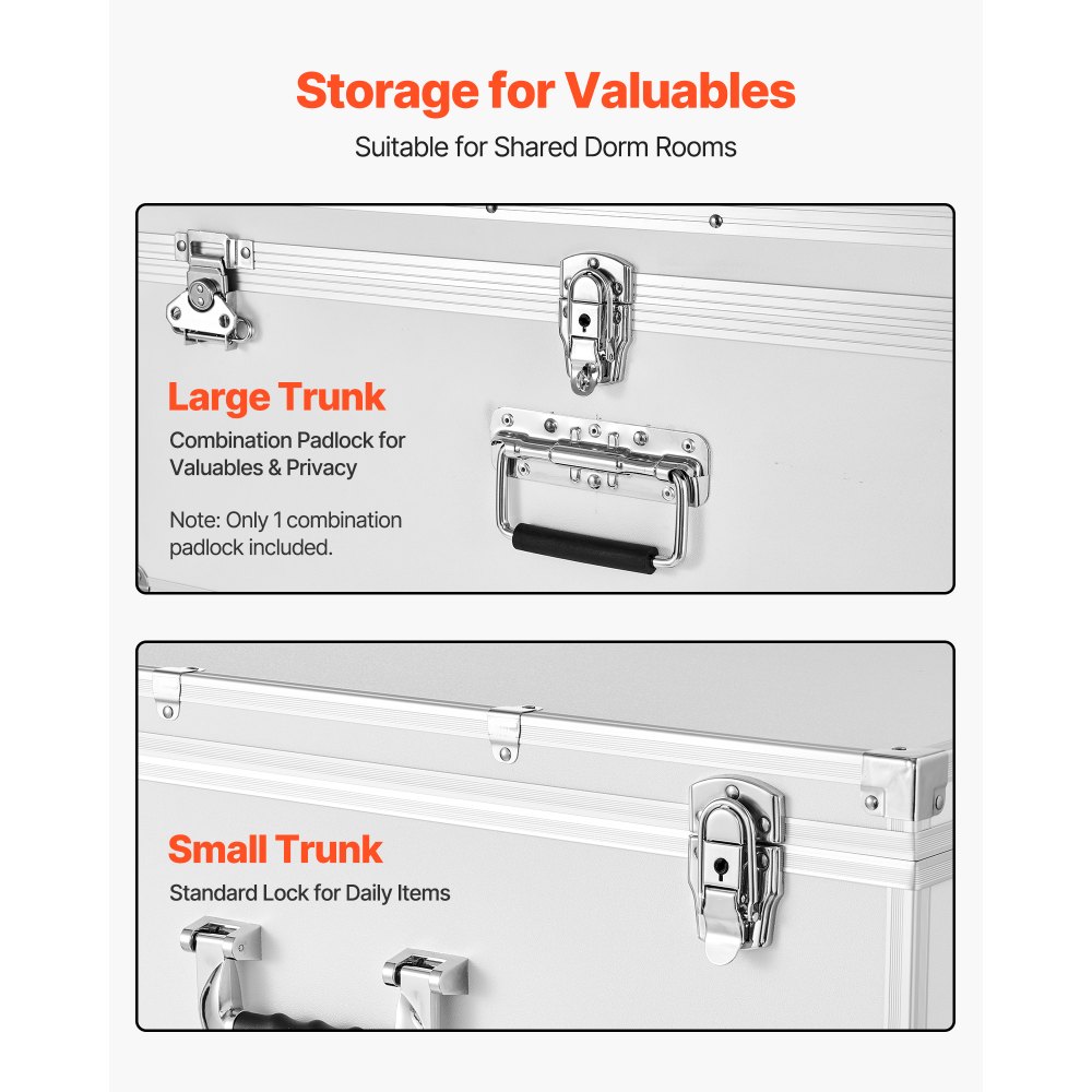 VEVOR Metal Storage Trunk, Set of 2, Wooden Suitcase Storage Boxes with Padlocks, Large Trunk Includes Casters and 3 Metal Handles, Decorative Store Chest with Lids for Travel, Apartment, Dorm, White