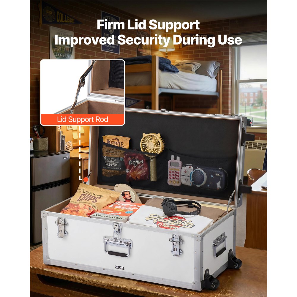 VEVOR Metal Storage Trunk, Set of 2, Wooden Suitcase Storage Boxes with Padlocks, Large Trunk Includes Casters and 3 Metal Handles, Decorative Store Chest with Lids for Travel, Apartment, Dorm, White