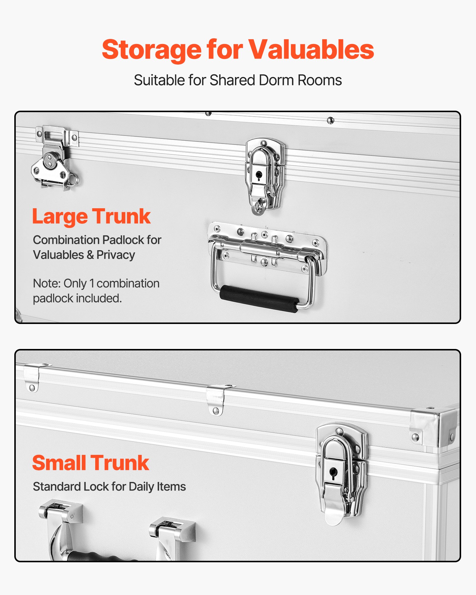 VEVOR Metal Storage Trunk, Set of 2, Wooden Suitcase Storage Boxes with Padlocks, Large Trunk Includes Casters and 3 Metal Handles, Decorative Store Chest with Lids for Travel, Apartment, Dorm, White