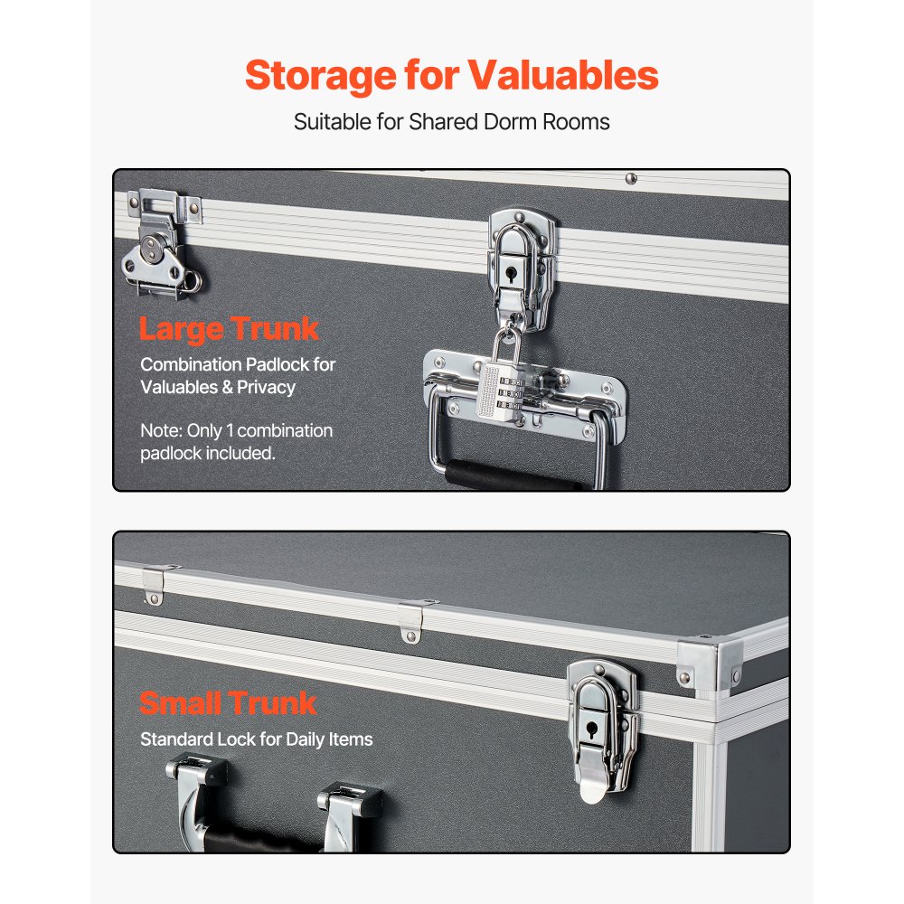 VEVOR Metal Storage Trunk, Set of 2, Wooden Suitcase Storage Boxes with Padlocks, Large Trunk Includes Casters and 3 Metal Handles, Decorative Store Chest with Lids for Travel, Apartment, Dorm, Gray