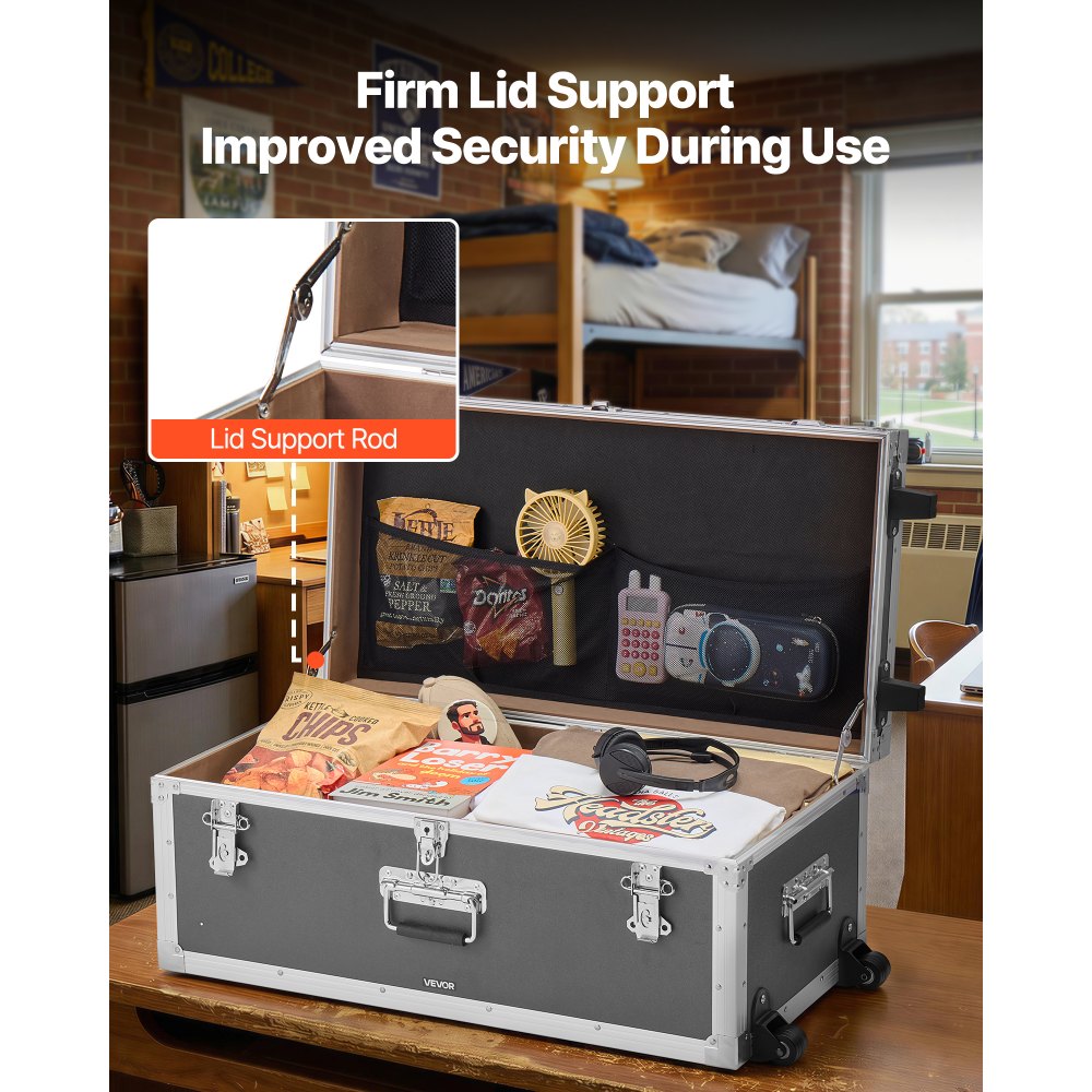 VEVOR Metal Storage Trunk, Set of 2, Wooden Suitcase Storage Boxes with Padlocks, Large Trunk Includes Casters and 3 Metal Handles, Decorative Store Chest with Lids for Travel, Apartment, Dorm, Gray