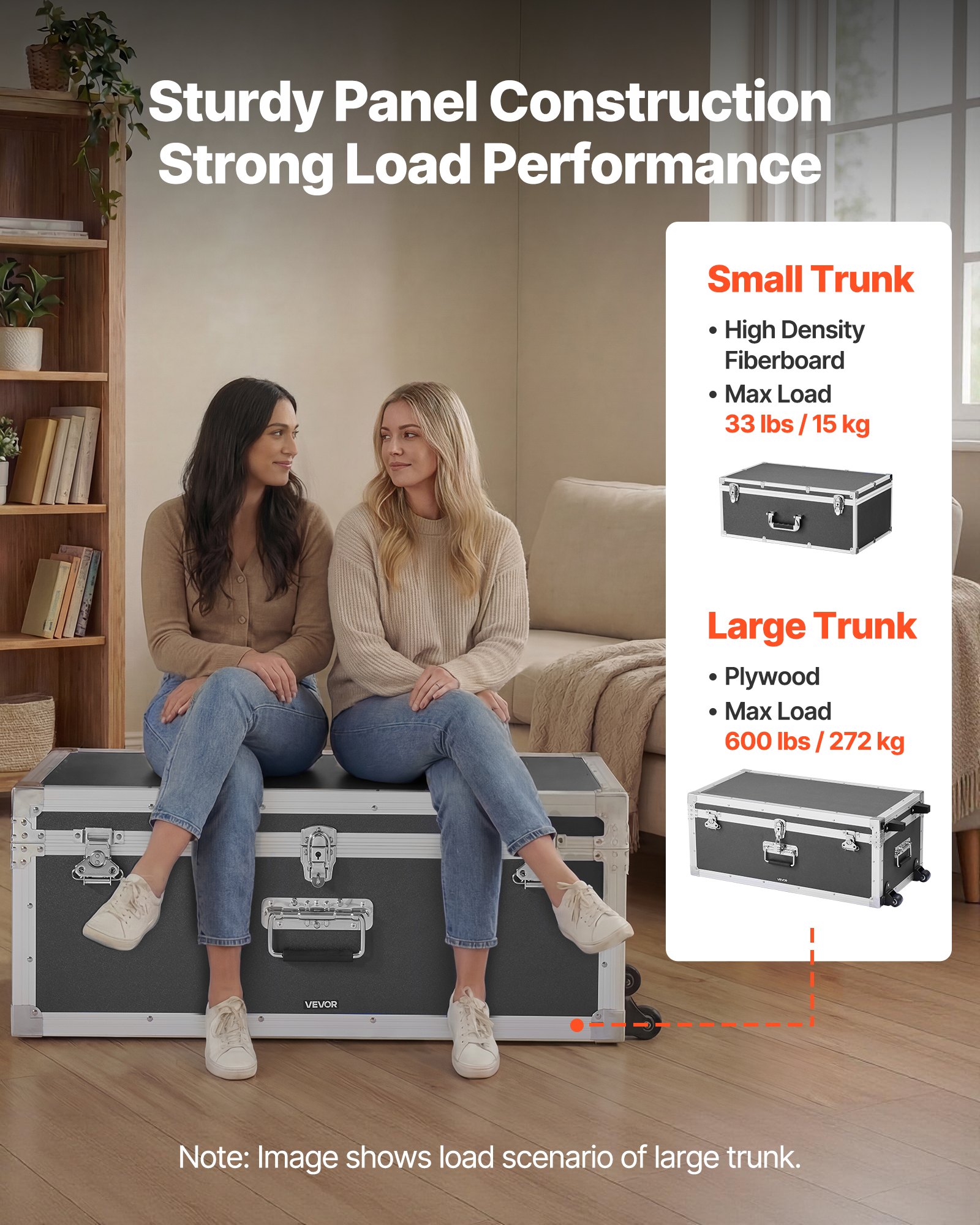 VEVOR Metal Storage Trunk, Set of 2, Wooden Suitcase Storage Boxes with Padlocks, Large Trunk Includes Casters and 3 Metal Handles, Decorative Store Chest with Lids for Travel, Apartment, Dorm, Gray