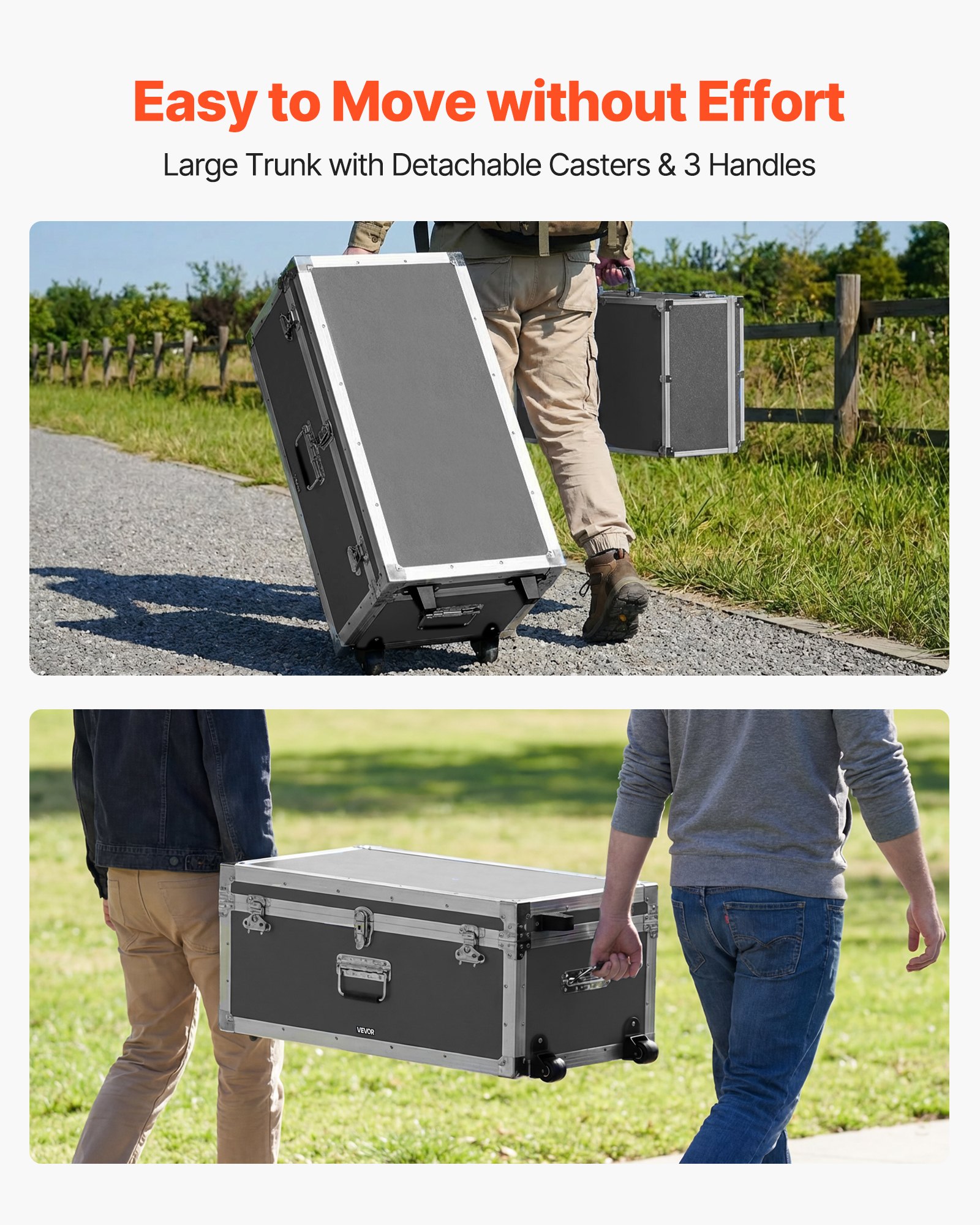 VEVOR Metal Storage Trunk, Set of 2, Wooden Suitcase Storage Boxes with Padlocks, Large Trunk Includes Casters and 3 Metal Handles, Decorative Store Chest with Lids for Travel, Apartment, Dorm, Gray