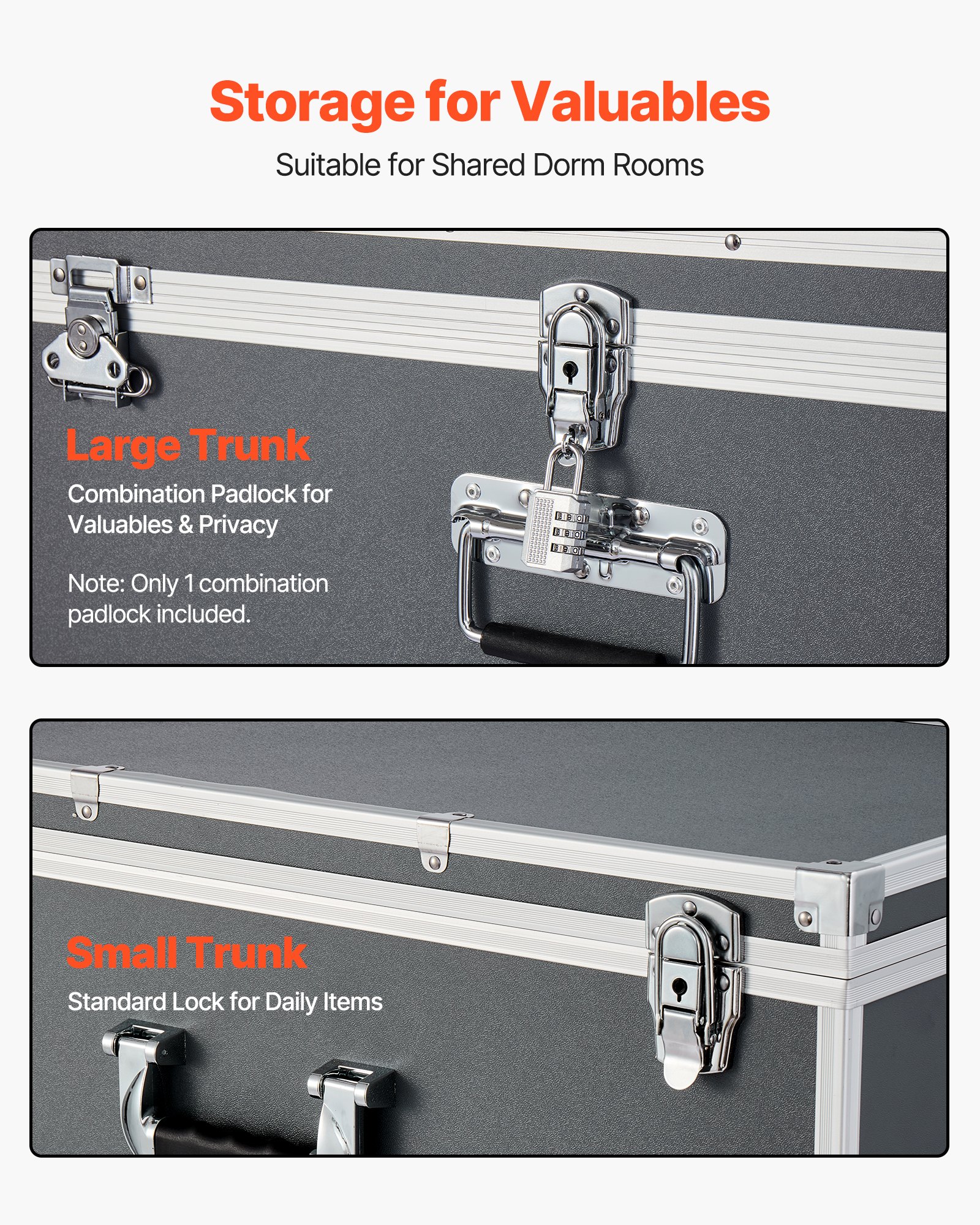 VEVOR Metal Storage Trunk, Set of 2, Wooden Suitcase Storage Boxes with Padlocks, Large Trunk Includes Casters and 3 Metal Handles, Decorative Store Chest with Lids for Travel, Apartment, Dorm, Gray