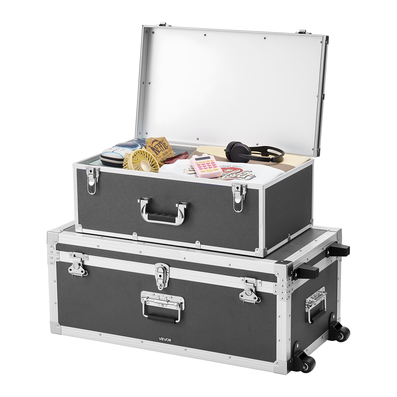 VEVOR Metal Storage Trunk, Set of 2, Wooden Suitcase Storage Boxes with Padlocks, Large Trunk Includes Casters and 3 Metal Handles, Decorative Store Chest with Lids for Travel, Apartment, Dorm, Gray