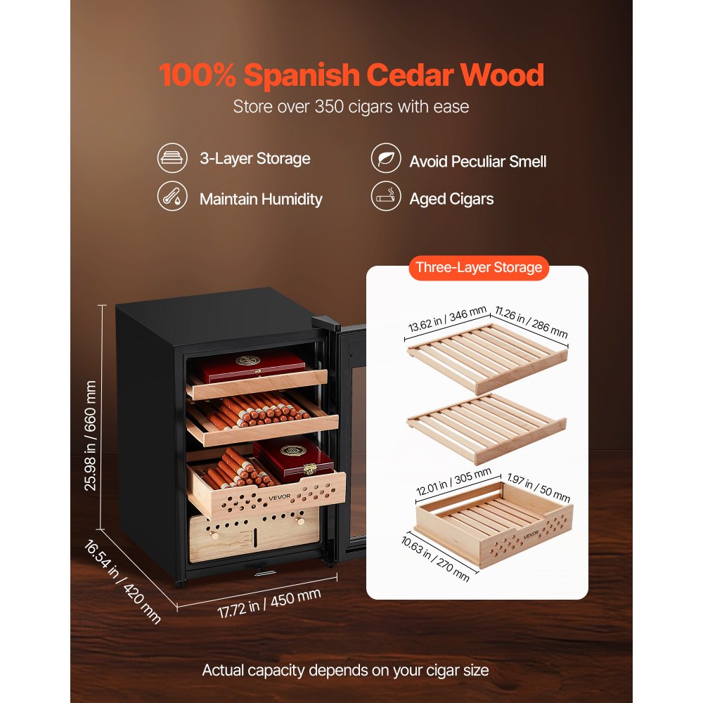 VEVOR Elektryczna szafka na cygara Humidor 60 l, 350 cygar Szafka na cygara Humidor z chłodzeniem kompresorowym, stałą kontrolą wilgotności i temperatury, półkami i szufladami, 3-warstwowa