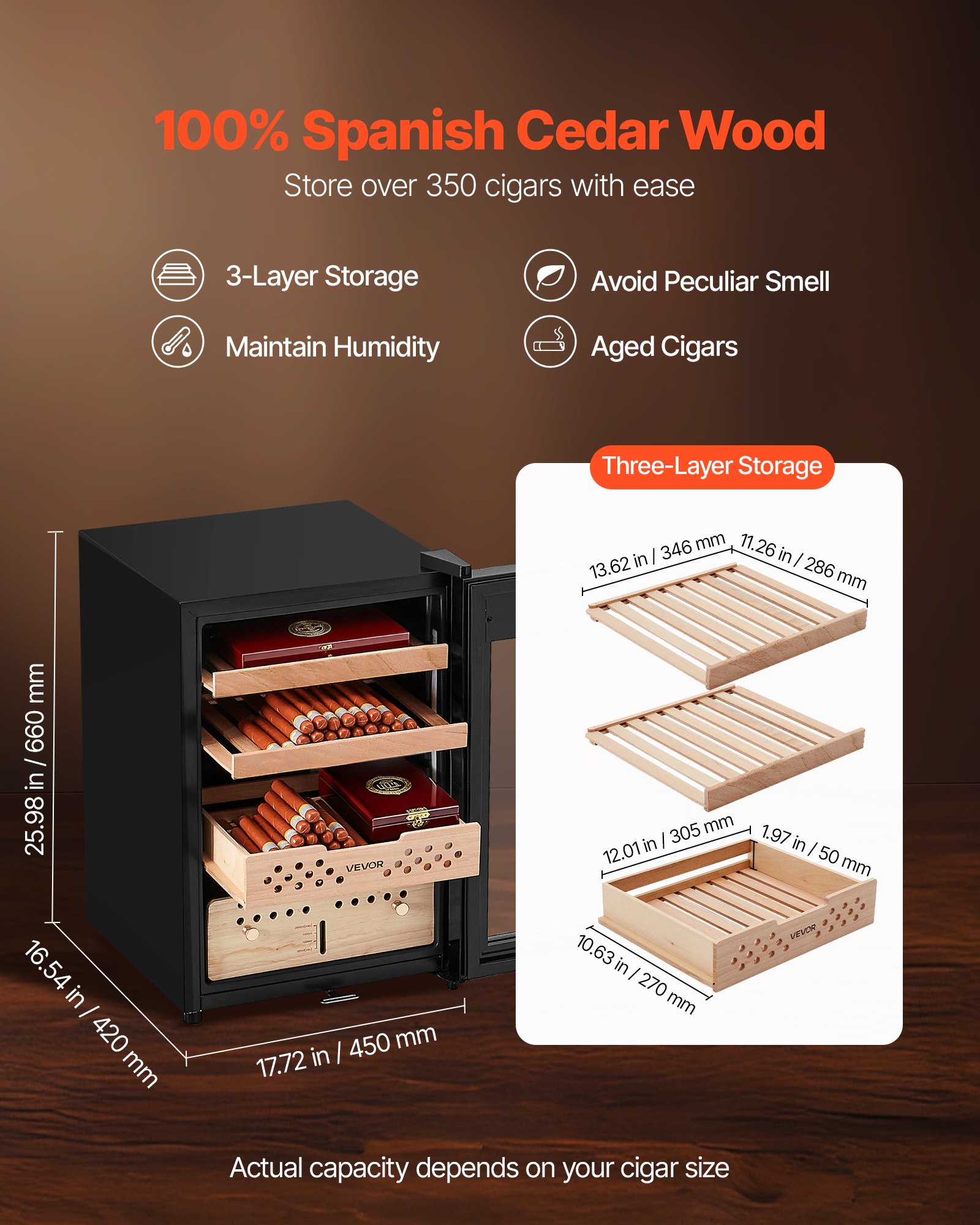 VEVOR Elektryczna szafka na cygara Humidor 60 l, 350 cygar Szafka na cygara Humidor z chłodzeniem kompresorowym, stałą kontrolą wilgotności i temperatury, półkami i szufladami, 3-warstwowa