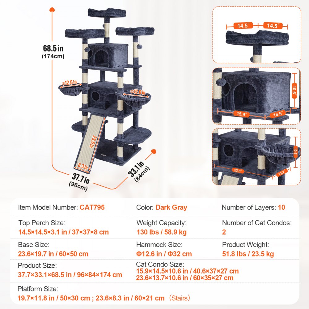 Drapak dla kota VEVOR dla kotów domowych, wieża dla kota 173,5 cm z 2 domkami dla kotów, drapak sizalowy, hamaki, grzędy, platformy do skakania i rampa, centrum aktywności dla kotów z wiszącymi piłkami, ciemnoszary