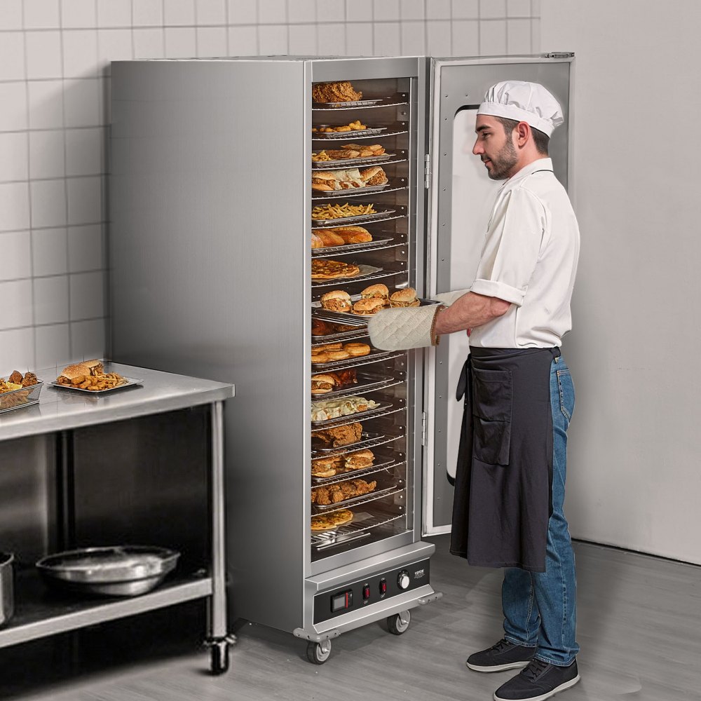 Podgrzewacz do przekąsek VEVOR Hot Box z 16 poziomami i tacką na wodę, szklanymi drzwiami i regulowanymi półkami, szafka ze stali nierdzewnej do podgrzewania żywności, idealna do przechowywania pizzy i kurczaka