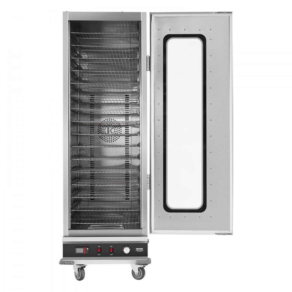 Podgrzewacz do przekąsek VEVOR Hot Box z 16 poziomami i tacką na wodę, szklanymi drzwiami i regulowanymi półkami, szafka ze stali nierdzewnej do podgrzewania żywności, idealna do przechowywania pizzy i kurczaka